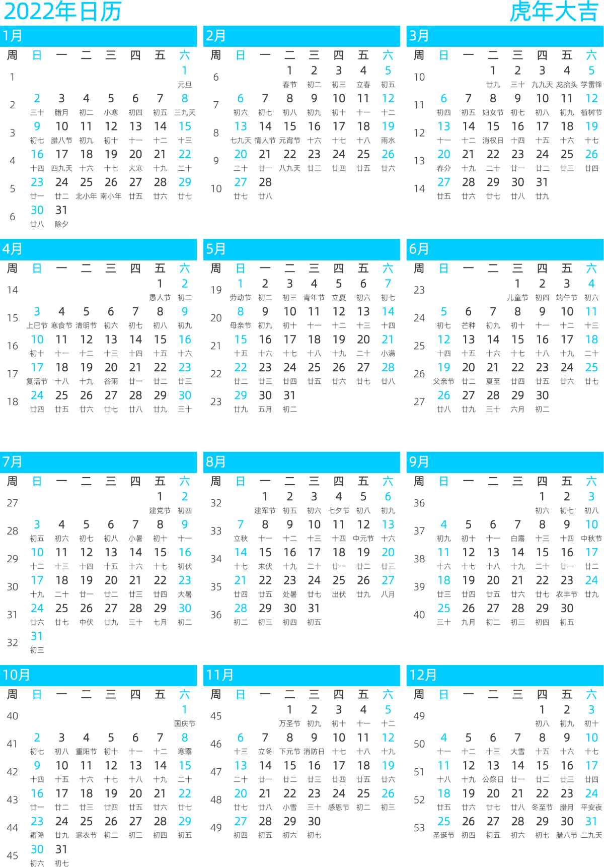 模板[DF011] 日历表 2022年 日历 中文版 纵向排版 周日开始 带周数 带农历