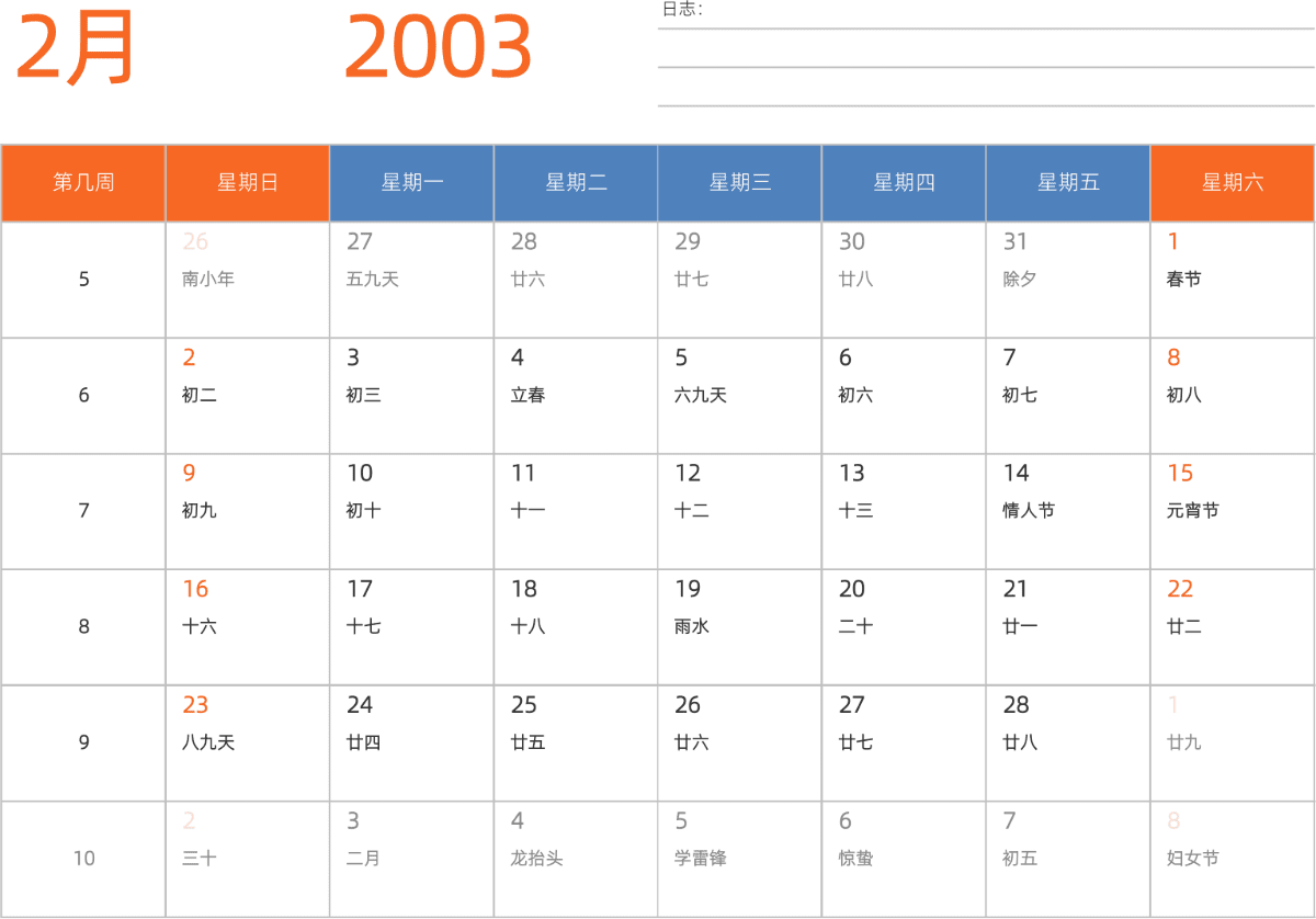 模板[DF012] 日历表 2003年 日历 中文版 横向排版 周日开始 带周数 带农历