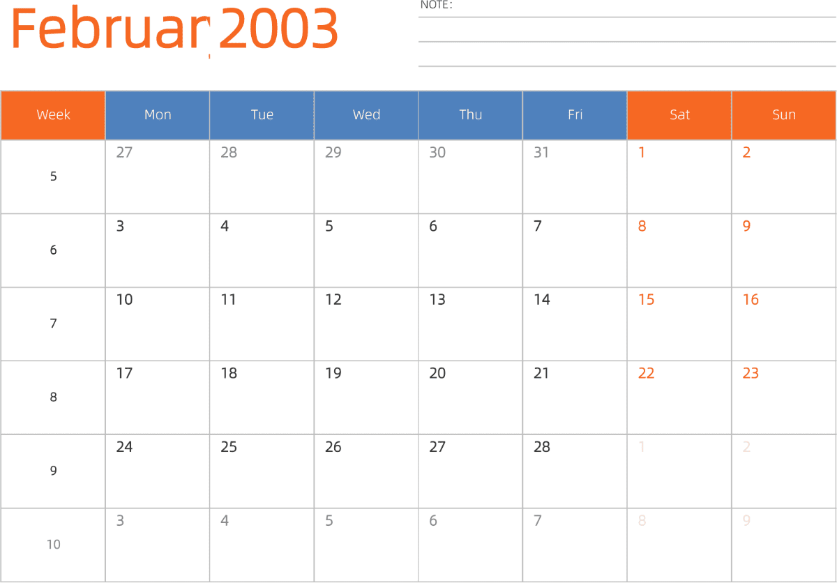 模板[DF012] 日历表 2003年 日历 英文版 横向排版 周一开始 带周数 带节假日调休安排