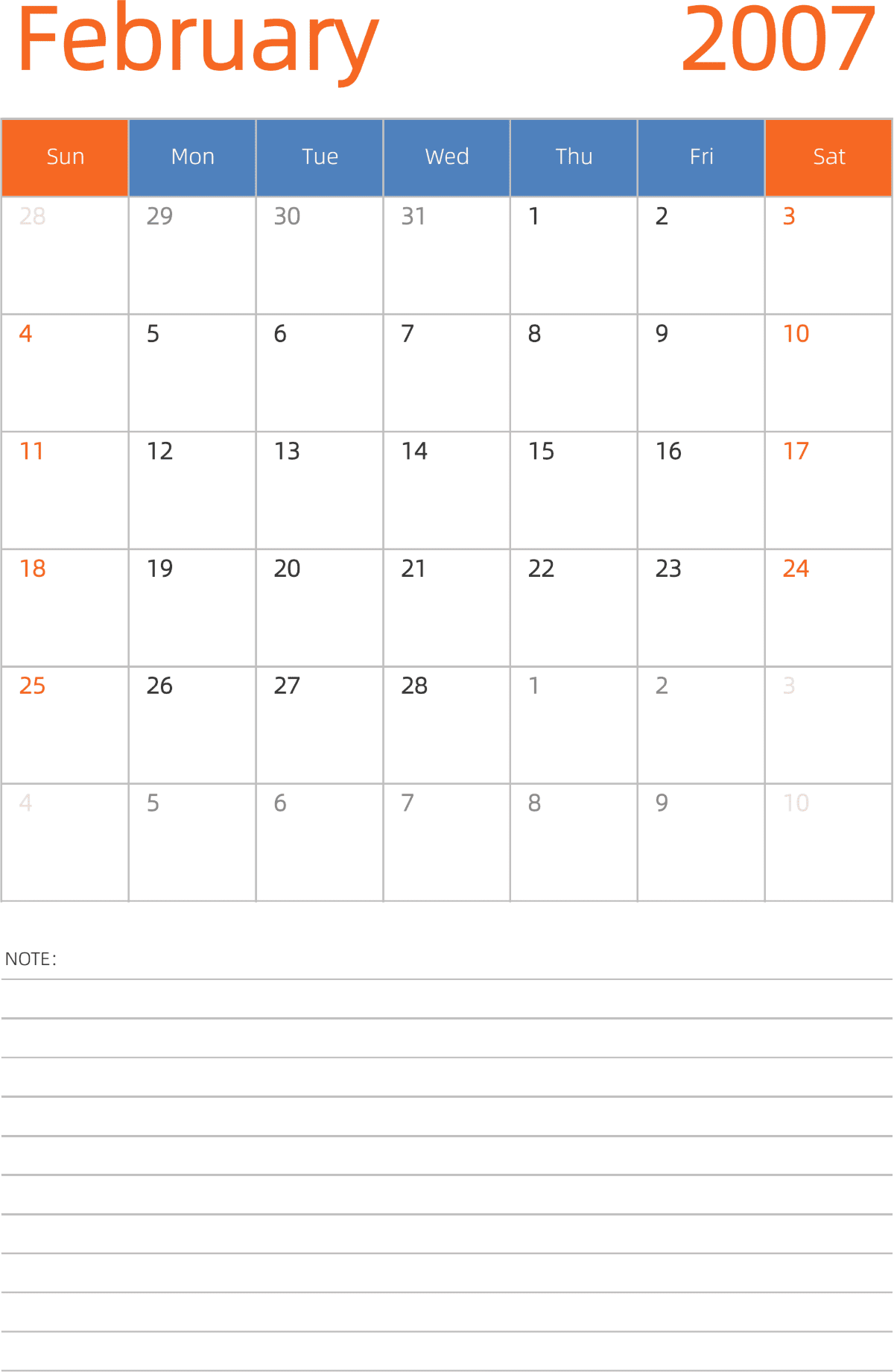 模板[DF012] 日历表 2007年 日历 英文版 纵向排版 周日开始 带节假日调休安排