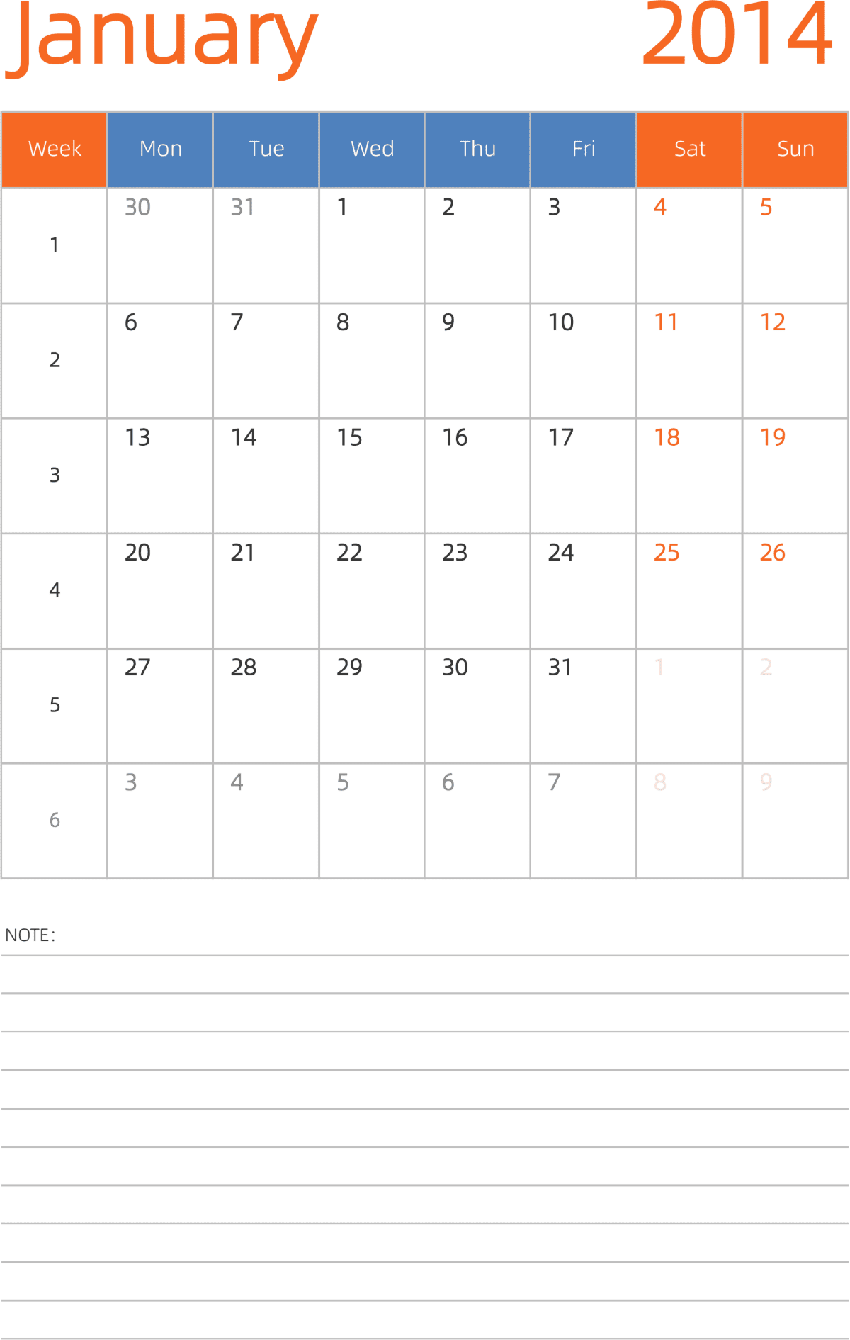 模板[DF012] 日历表 2014年 日历 英文版 纵向排版 周一开始 带周数