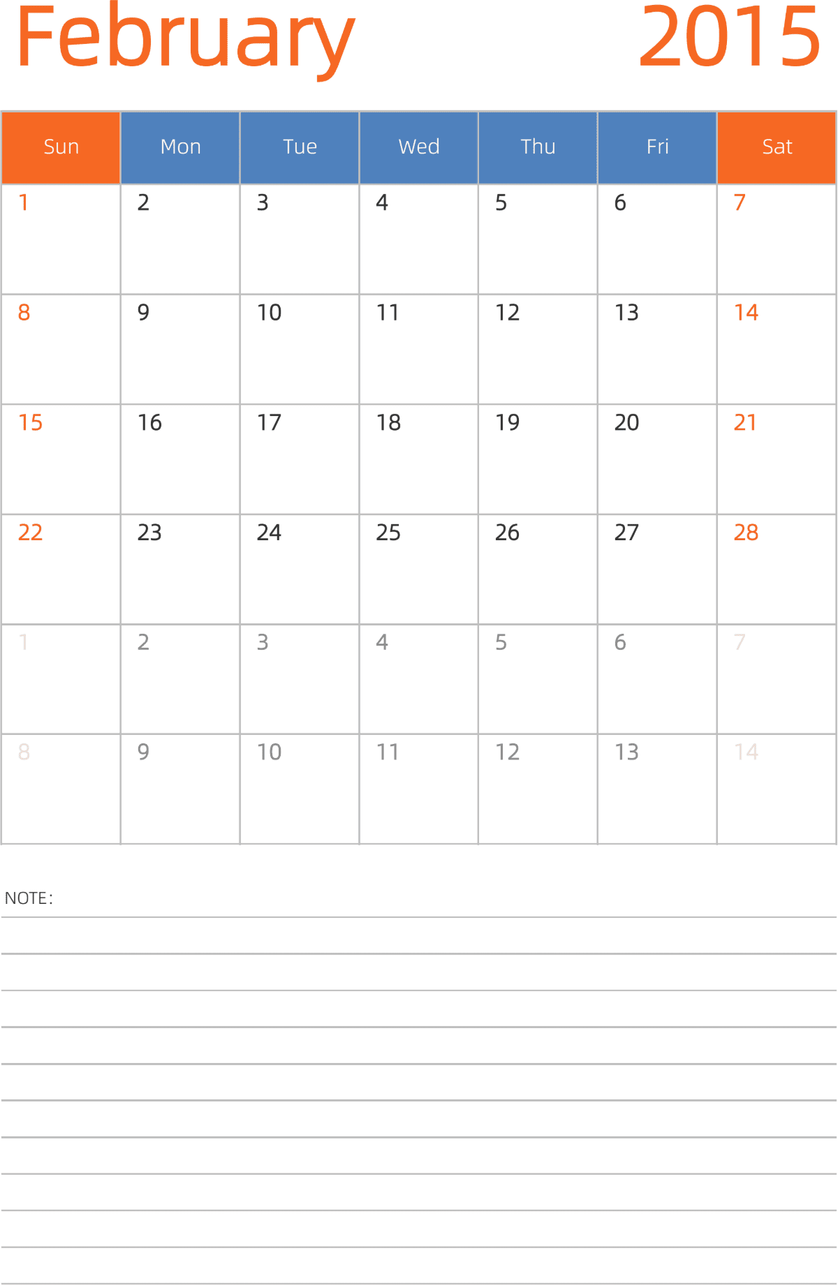 模板[DF012] 日历表 2015年 日历 英文版 纵向排版 周日开始 带节假日调休安排