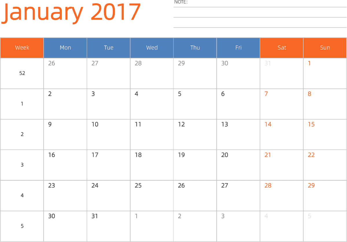 模板[DF012] 日历表 2017年 日历 英文版 横向排版 周一开始 带周数