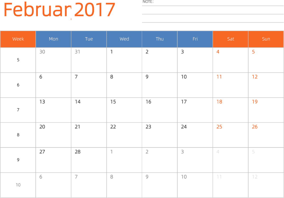 模板[DF012] 日历表 2017年 日历 英文版 横向排版 周一开始 带周数