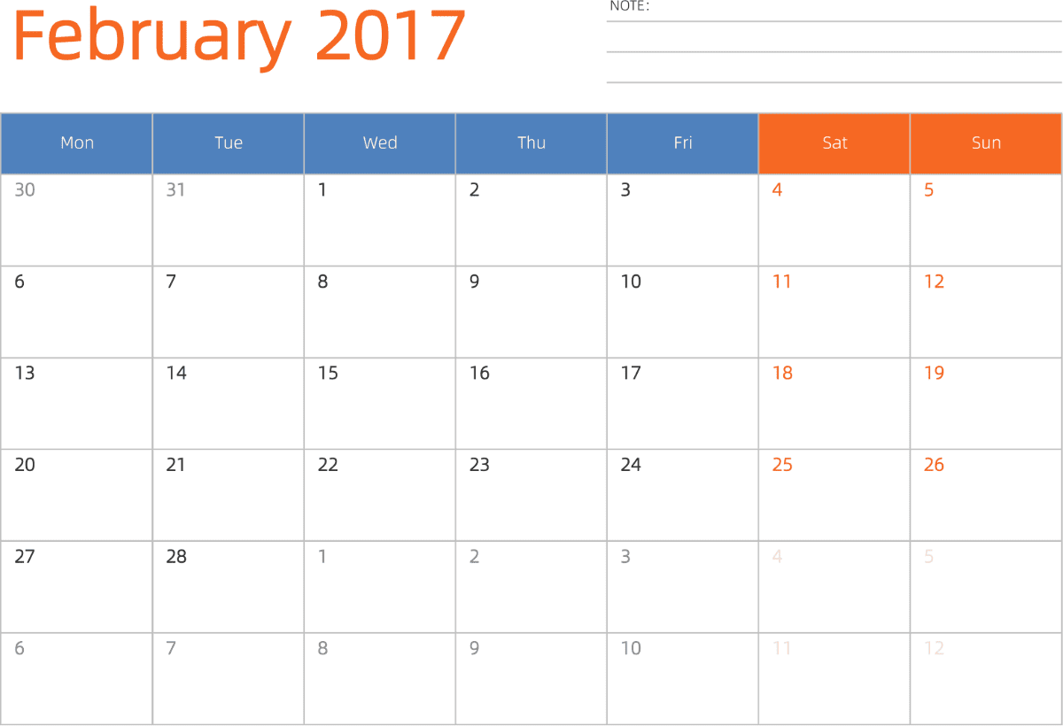 模板[DF012] 日历表 2017年 日历 英文版 横向排版 周一开始 带节假日调休安排