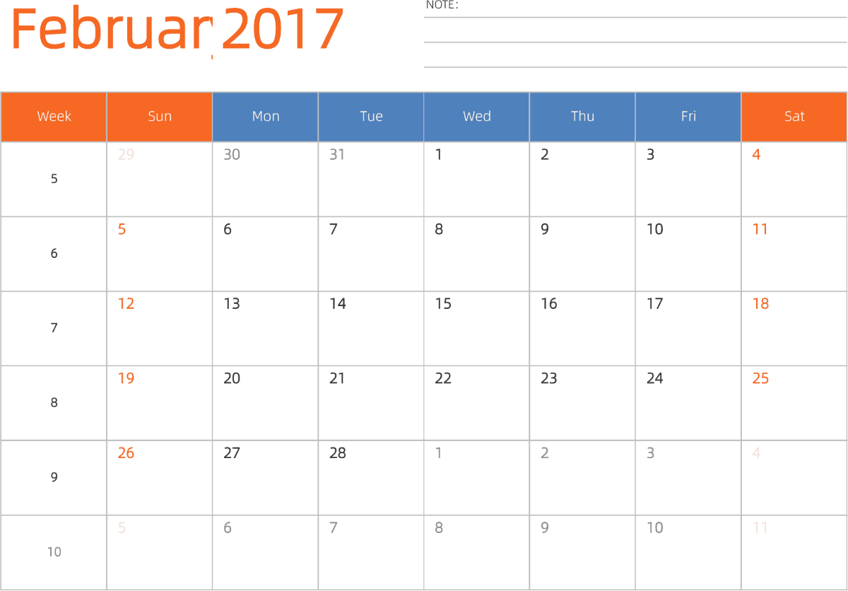 模板[DF012] 日历表 2017年 日历 英文版 横向排版 周日开始 带周数