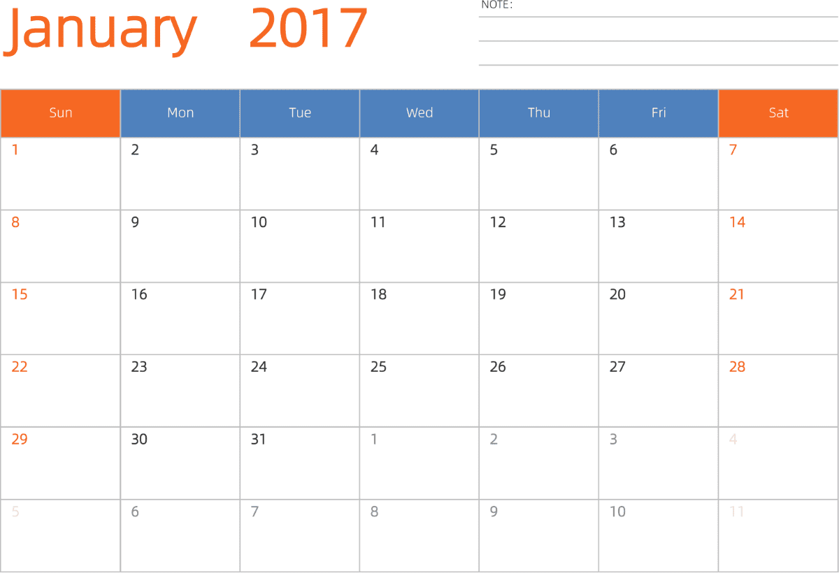 模板[DF012] 日历表 2017年 日历 英文版 横向排版 周日开始 带节假日调休安排