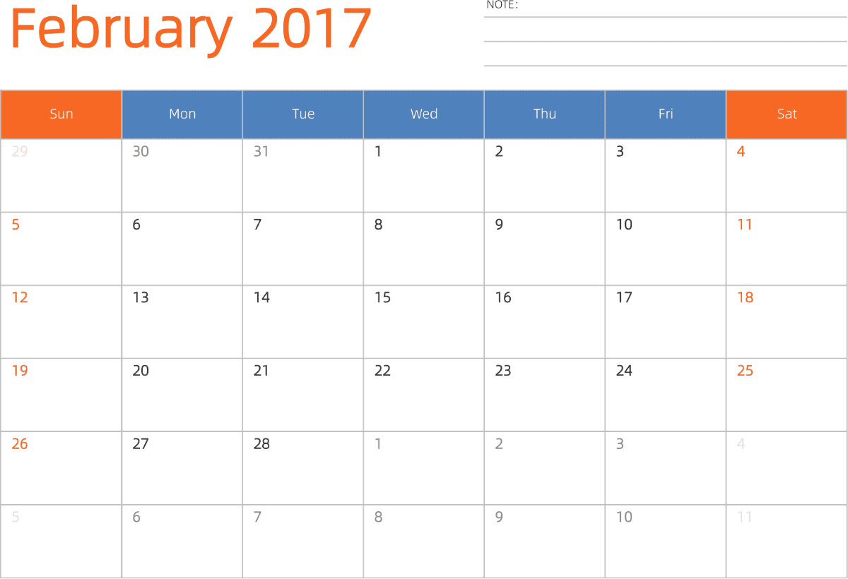 模板[DF012] 日历表 2017年 日历 英文版 横向排版 周日开始 带节假日调休安排