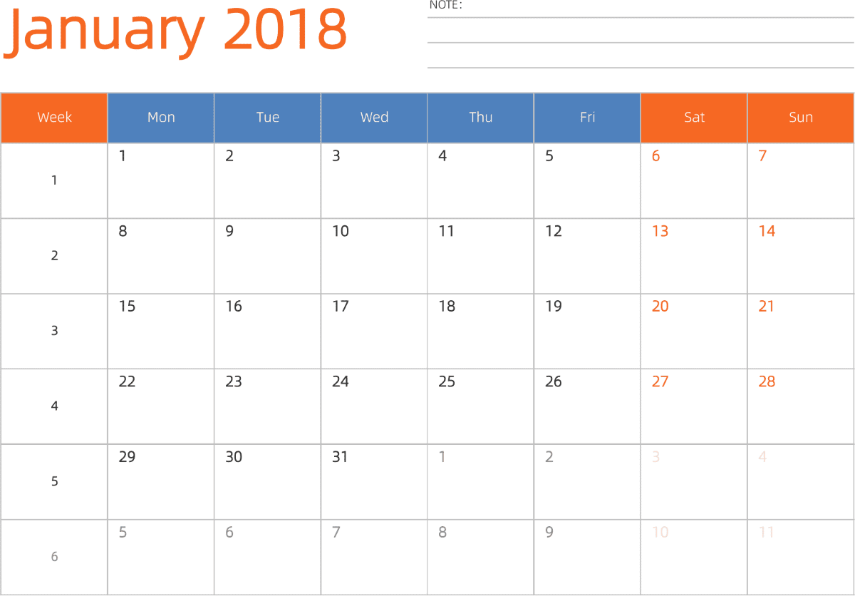 模板[DF012] 日历表 2018年 日历 英文版 横向排版 周一开始 带周数 带节假日调休安排