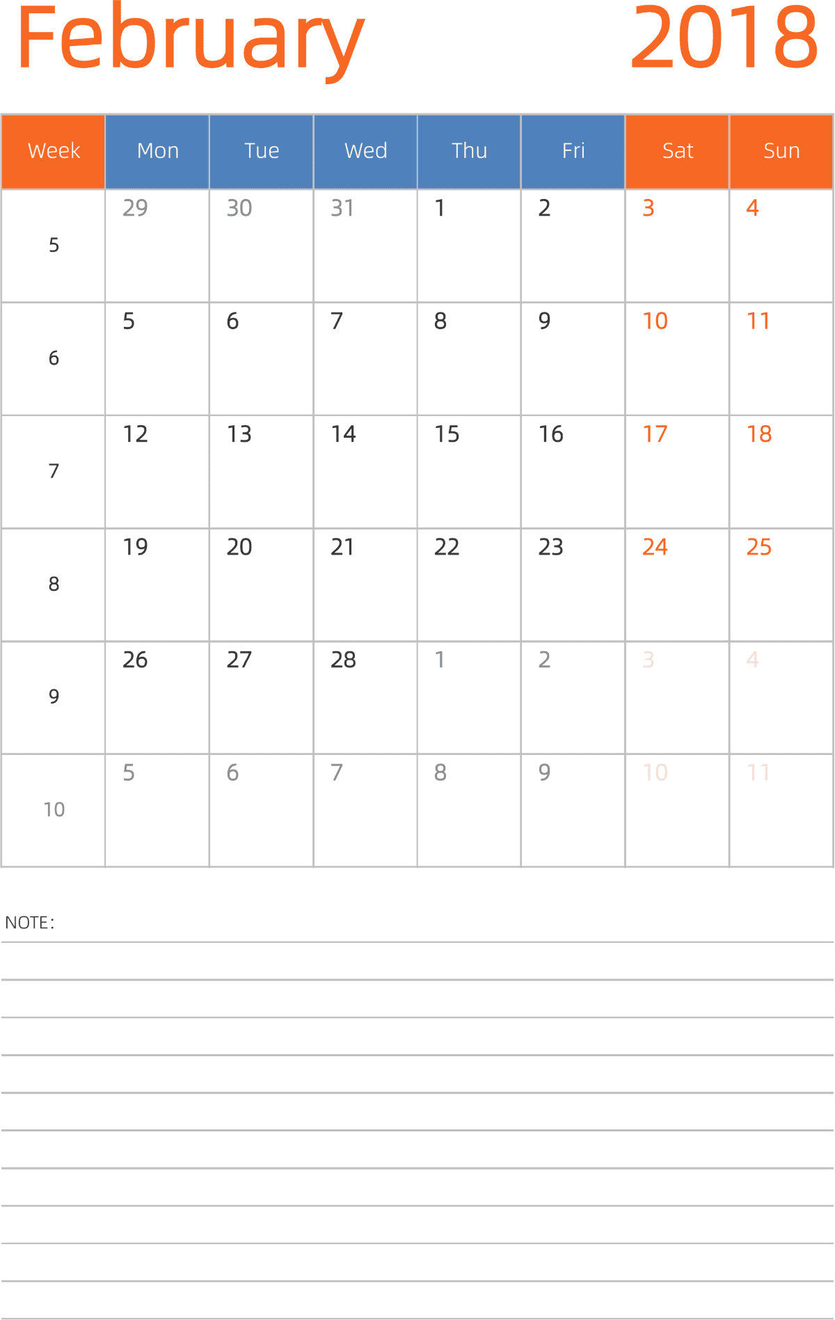 模板[DF012] 日历表 2018年 日历 英文版 纵向排版 周一开始 带周数