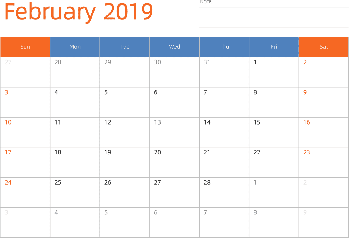 模板[DF012] 日历表 2019年 日历 英文版 横向排版 周日开始 带节假日调休安排