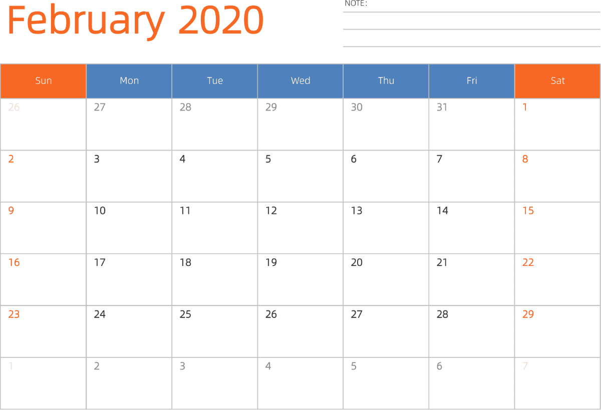 模板[DF012] 日历表 2020年 日历 英文版 横向排版 周日开始 带节假日调休安排