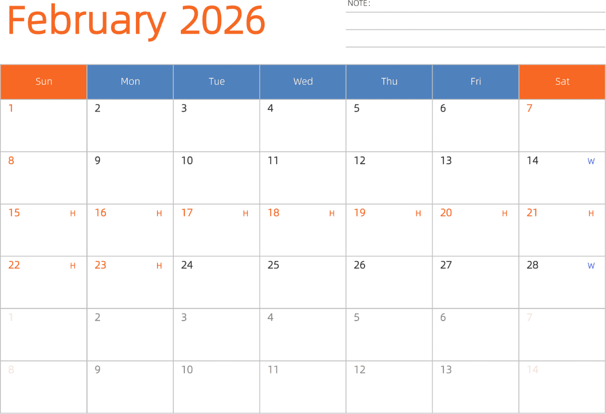 模板[DF012] 日历表 2026年 日历 英文版 横向排版 周日开始 带节假日调休安排