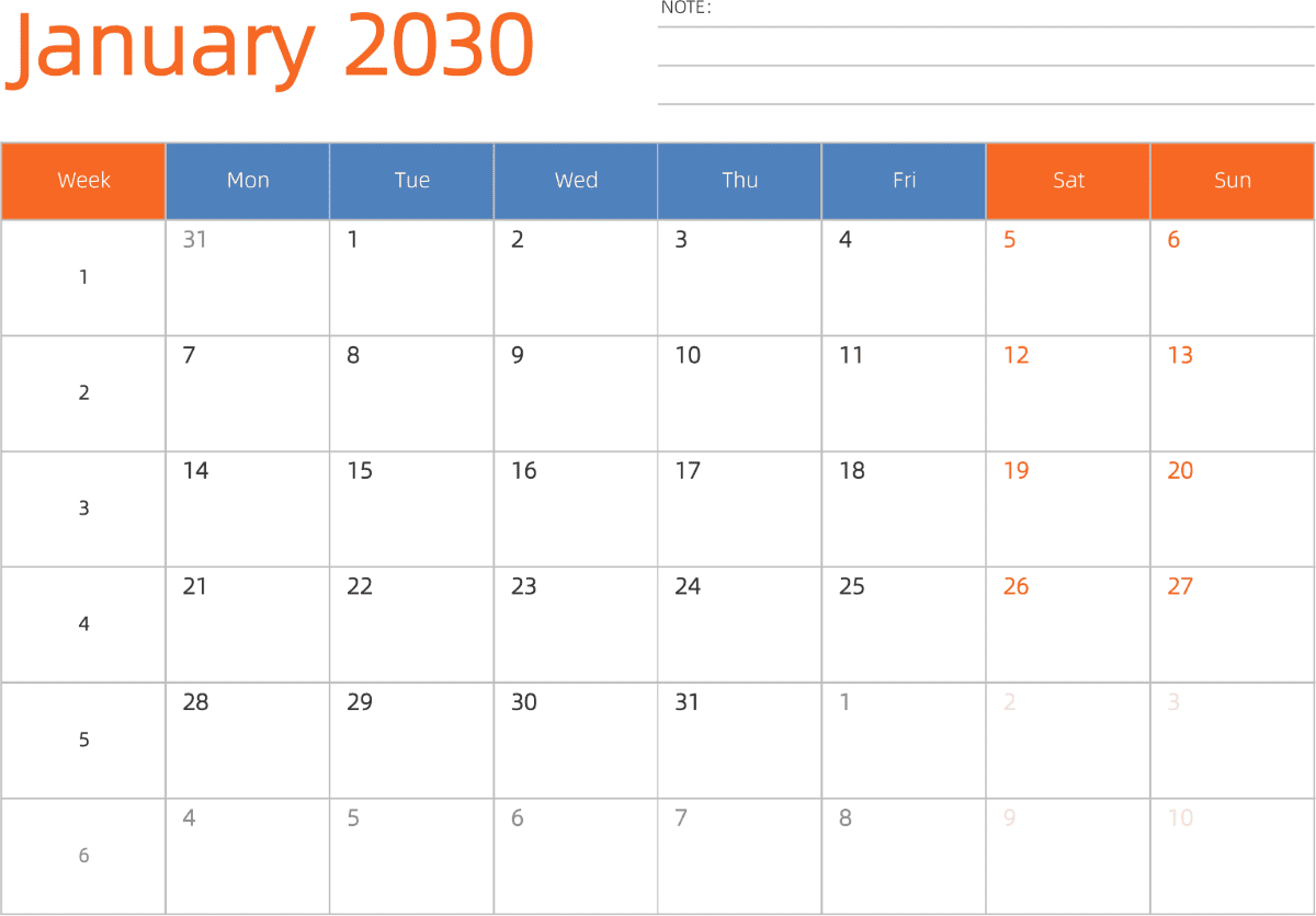 模板[DF012] 日历表 2030年 日历 英文版 横向排版 周一开始 带周数