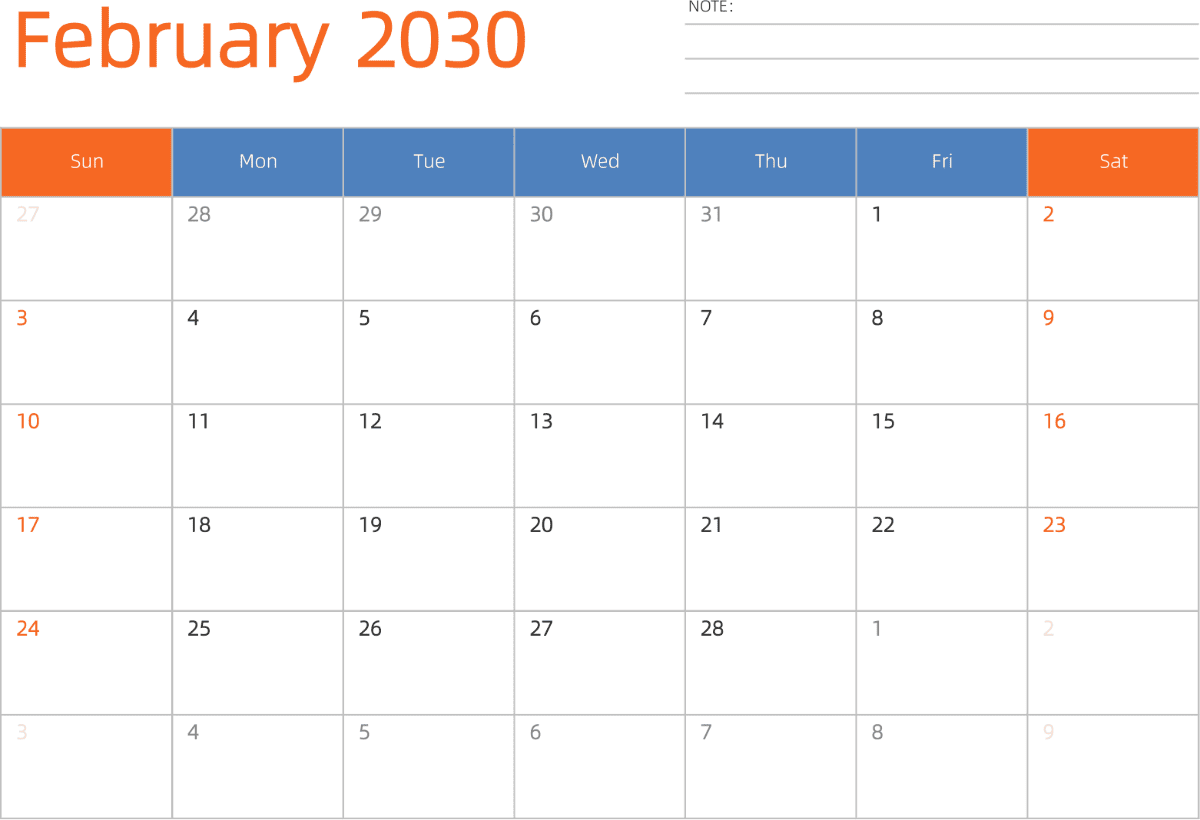 模板[DF012] 日历表 2030年 日历 英文版 横向排版 周日开始 带节假日调休安排