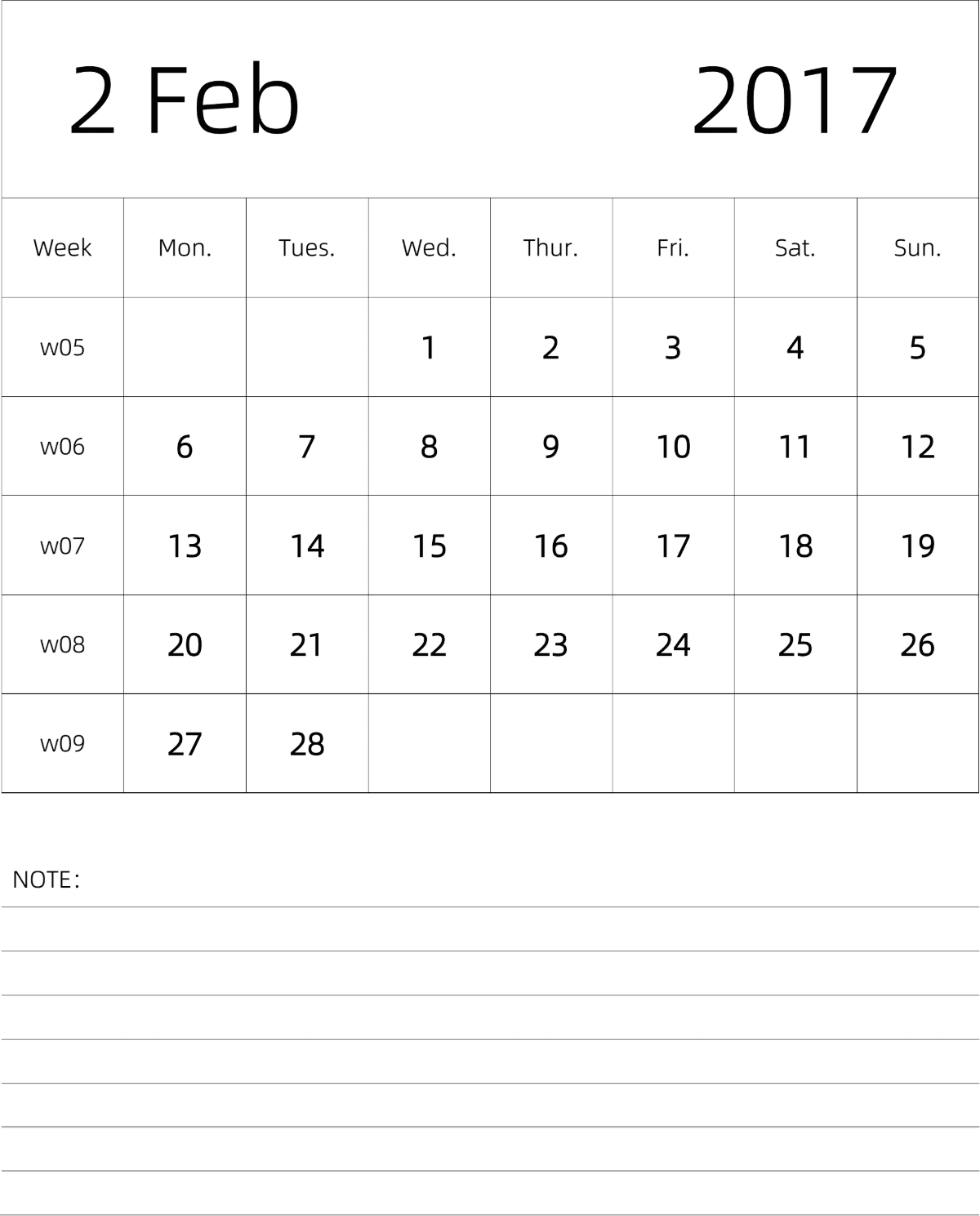 模板[DF101] 日历表 2017年 月历 英文版 纵向排版 周一开始 带周数 带节假日调休安排