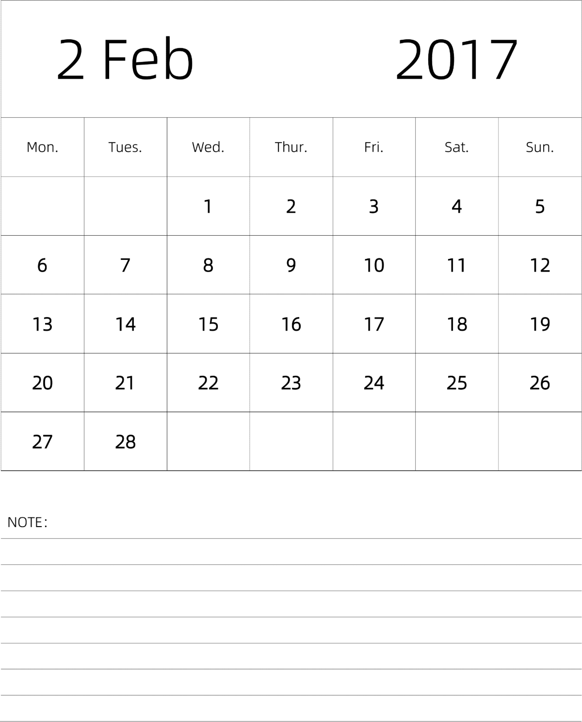 模板[DF101] 日历表 2017年 月历 英文版 纵向排版 周一开始