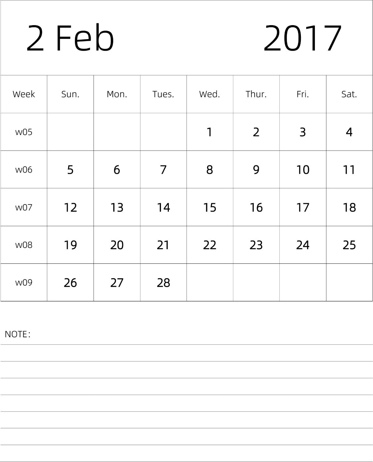 模板[DF101] 日历表 2017年 月历 英文版 纵向排版 周日开始 带周数 带节假日调休安排