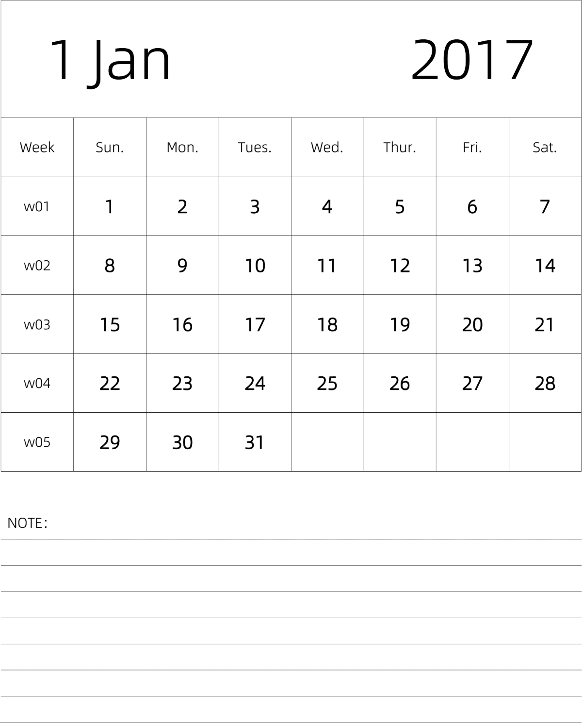 模板[DF101] 日历表 2017年 月历 英文版 纵向排版 周日开始 带周数
