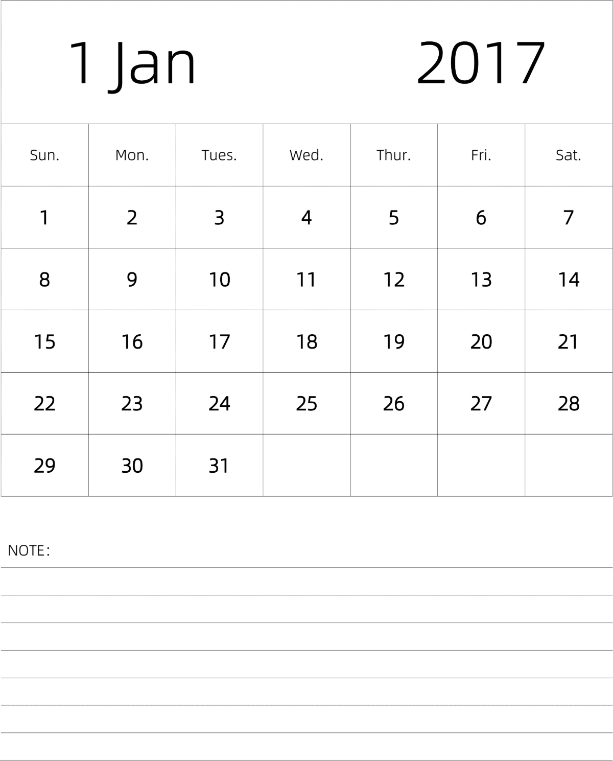 模板[DF101] 日历表 2017年 月历 英文版 纵向排版 周日开始