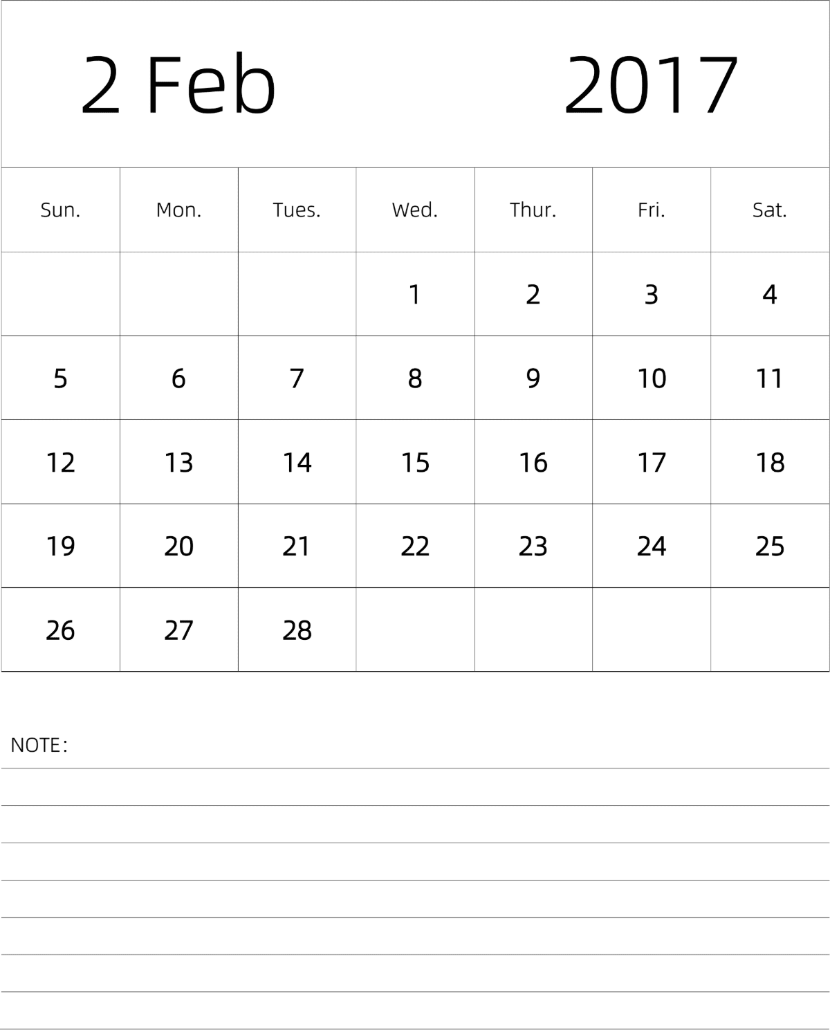 模板[DF101] 日历表 2017年 月历 英文版 纵向排版 周日开始