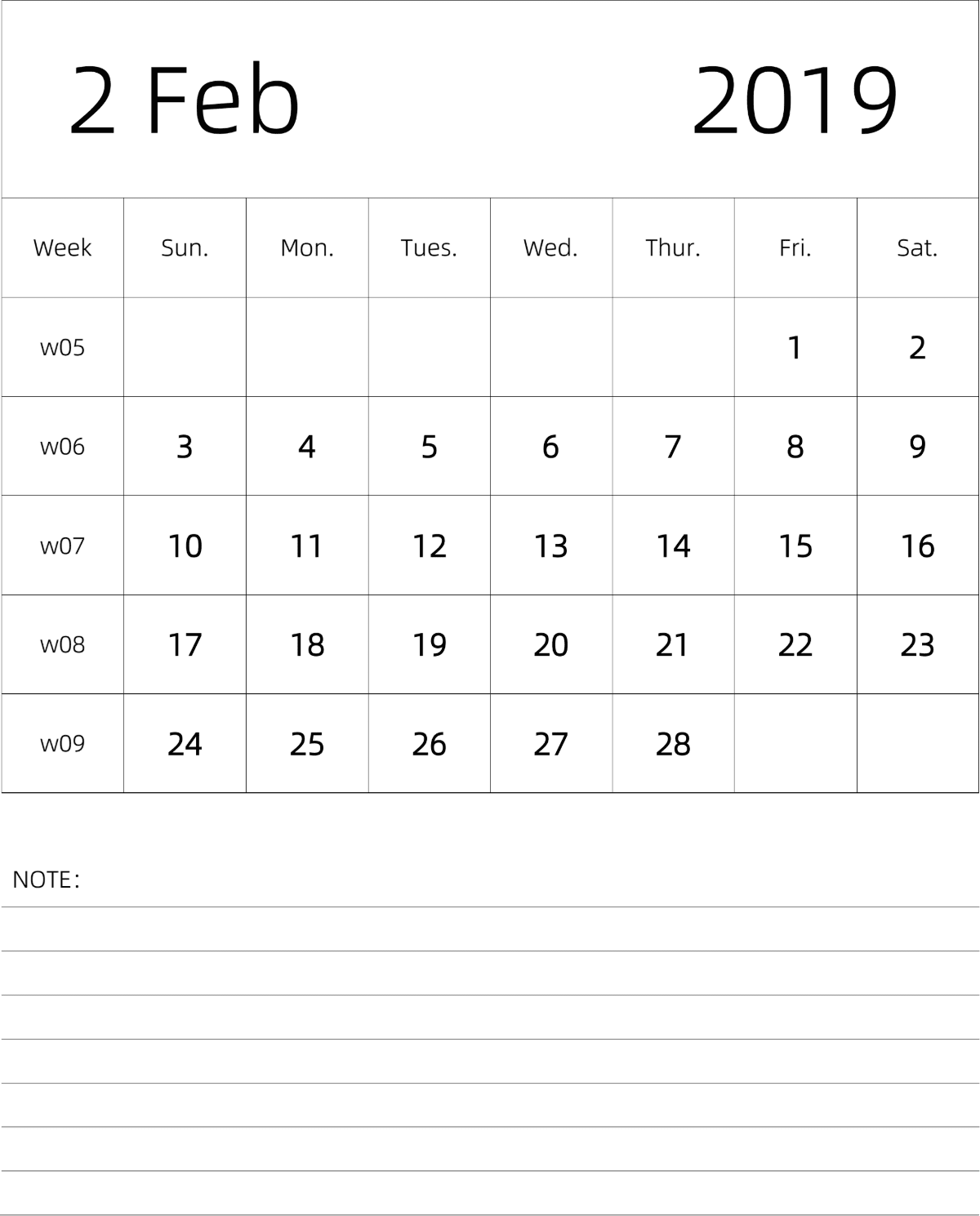 模板[DF101] 日历表 2019年 月历 英文版 纵向排版 周日开始 带周数 带节假日调休安排