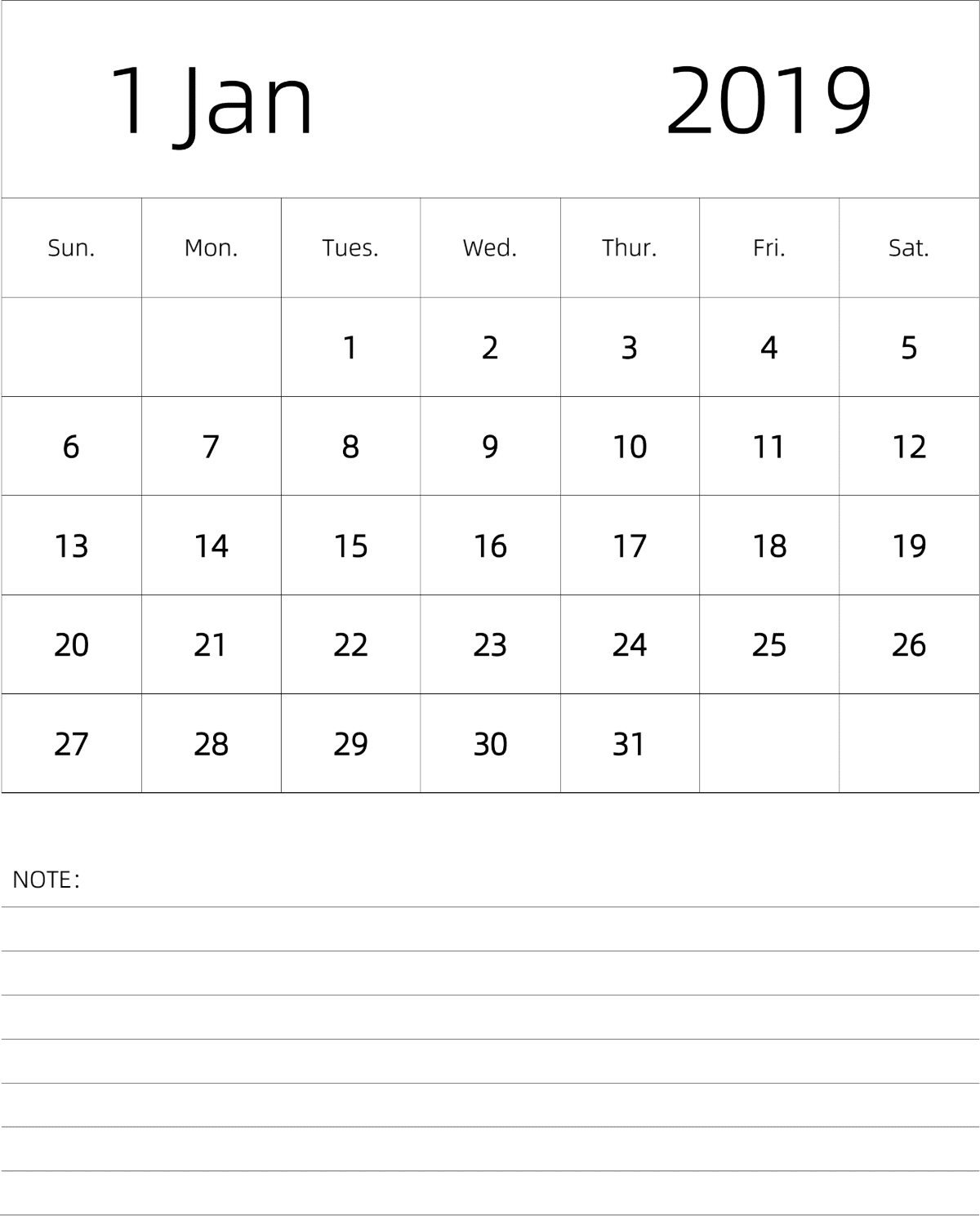 模板[DF101] 日历表 2019年 月历 英文版 纵向排版 周日开始 带节假日调休安排