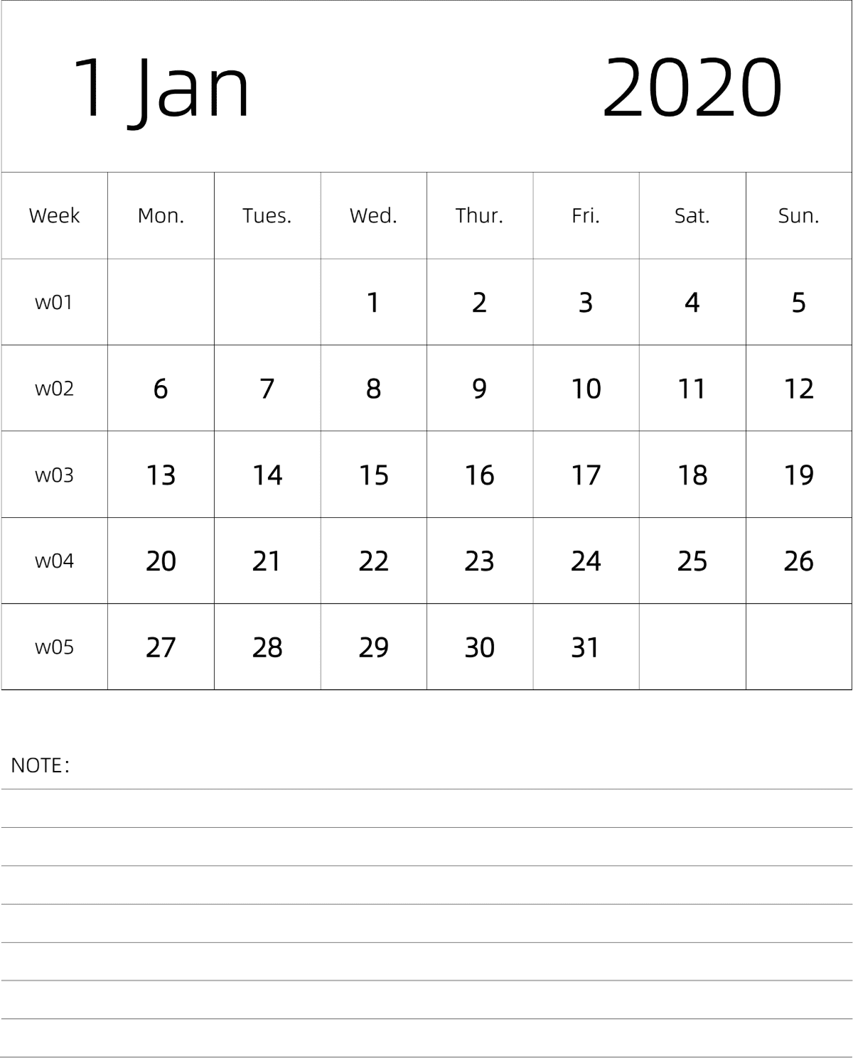 模板[DF101] 日历表 2020年 月历 英文版 纵向排版 周一开始 带周数