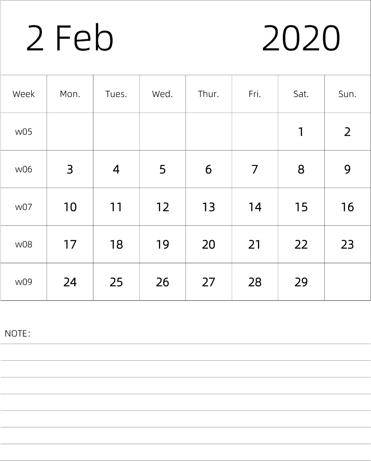 模板[DF101] 日历表 2020年 月历 英文版 纵向排版 周一开始 带周数