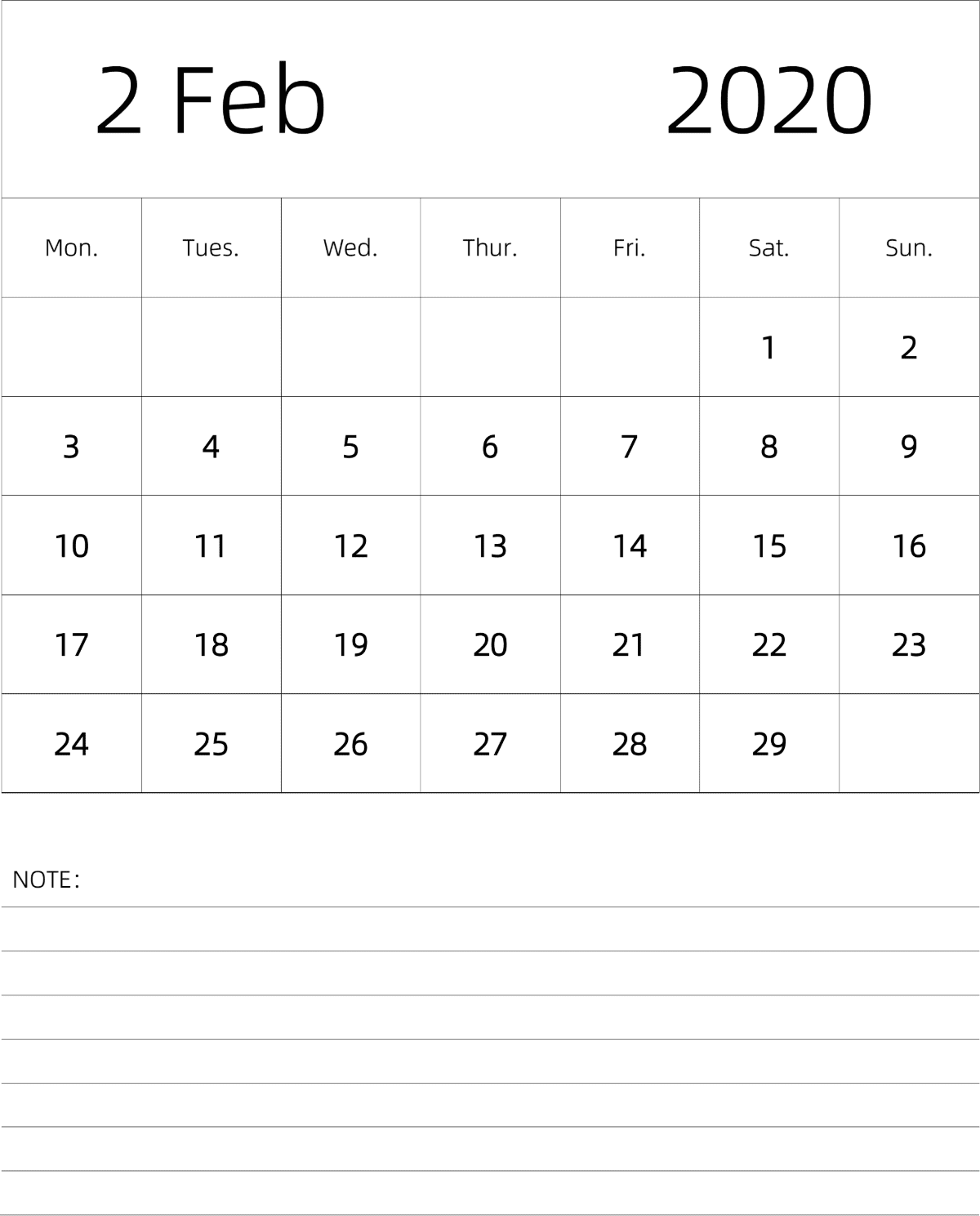 模板[DF101] 日历表 2020年 月历 英文版 纵向排版 周一开始
