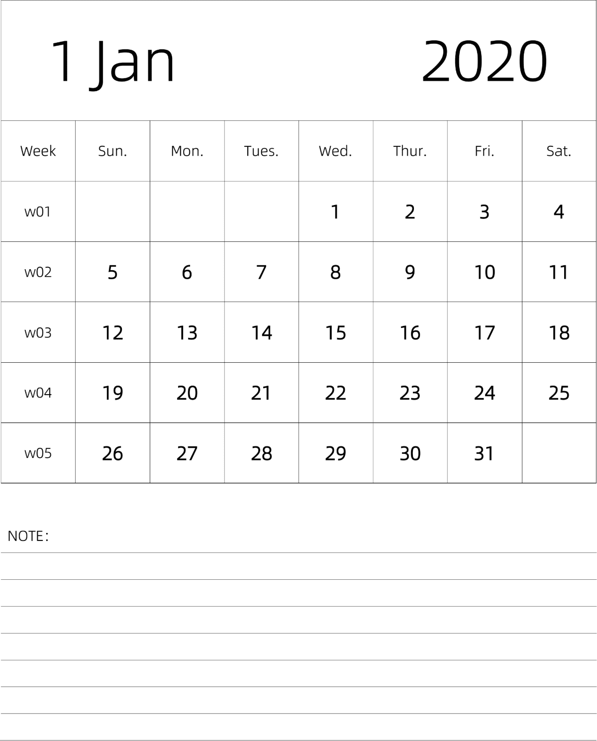 模板[DF101] 日历表 2020年 月历 英文版 纵向排版 周日开始 带周数 带节假日调休安排