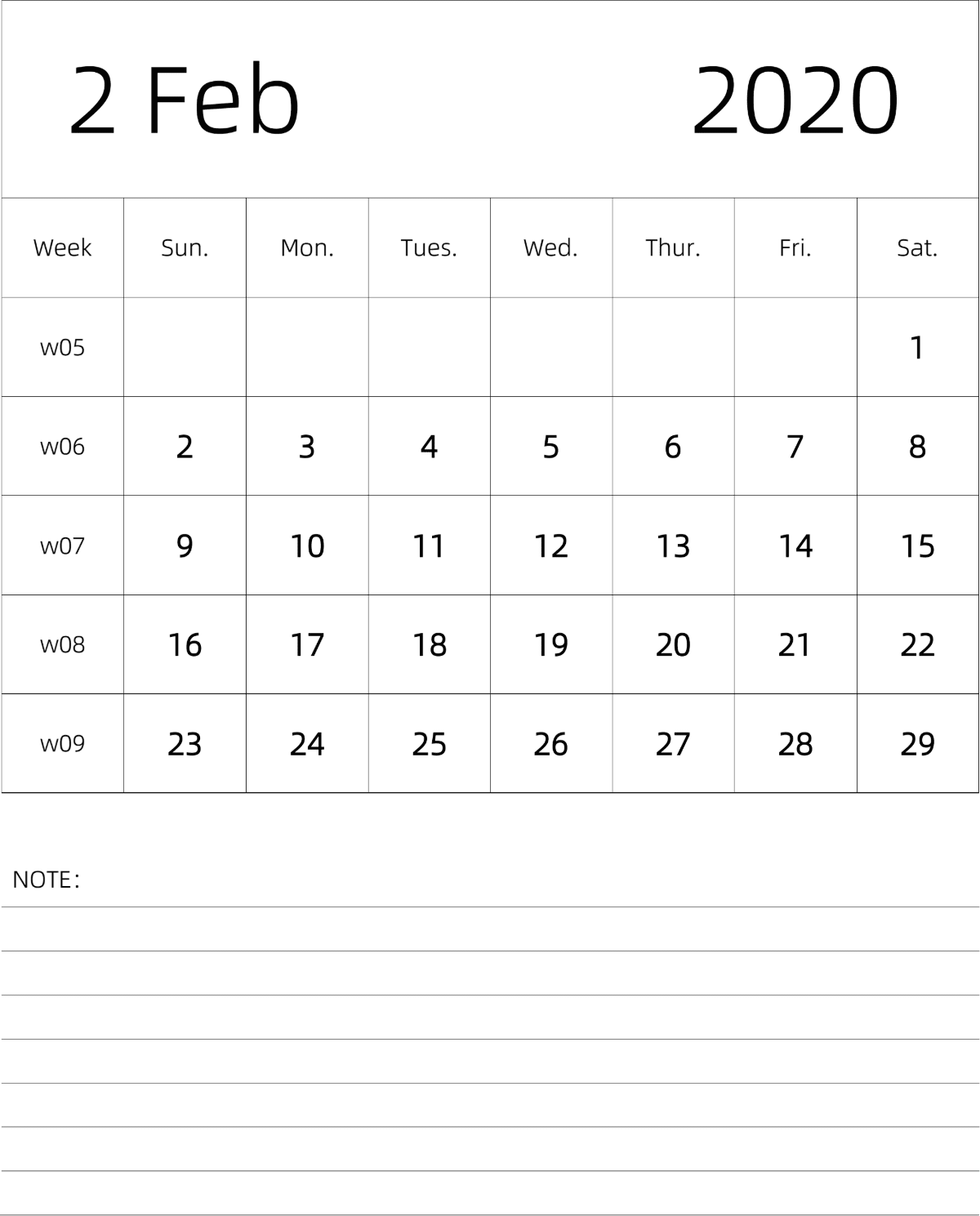 模板[DF101] 日历表 2020年 月历 英文版 纵向排版 周日开始 带周数