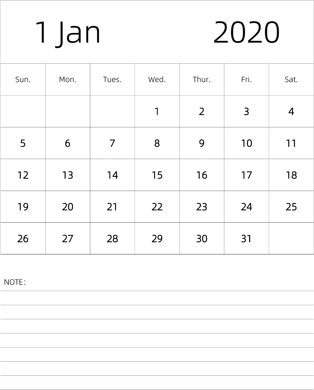 模板[DF101] 日历表 2020年 月历 英文版 纵向排版 周日开始