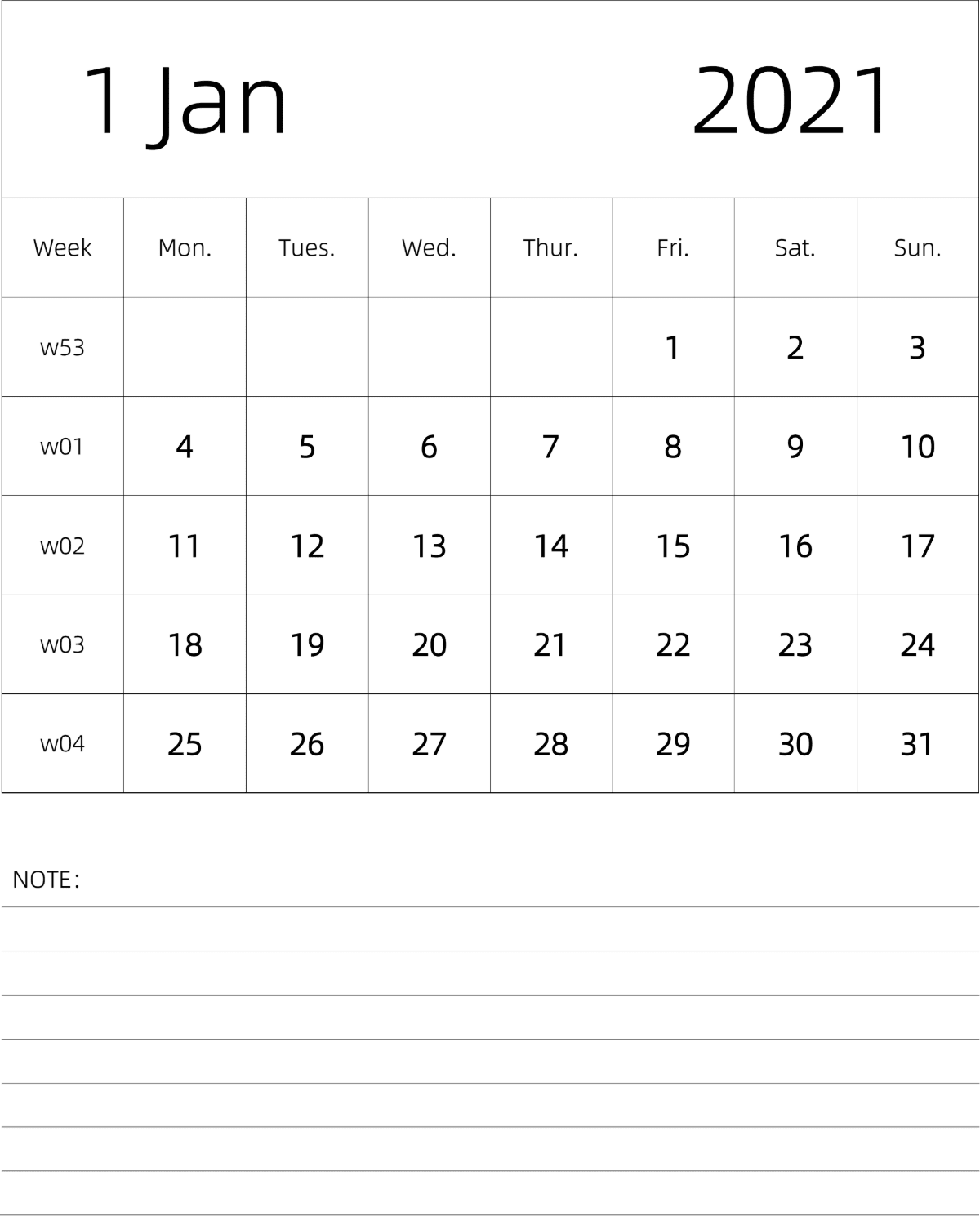 模板[DF101] 日历表 2021年 月历 英文版 纵向排版 周一开始 带周数 带节假日调休安排