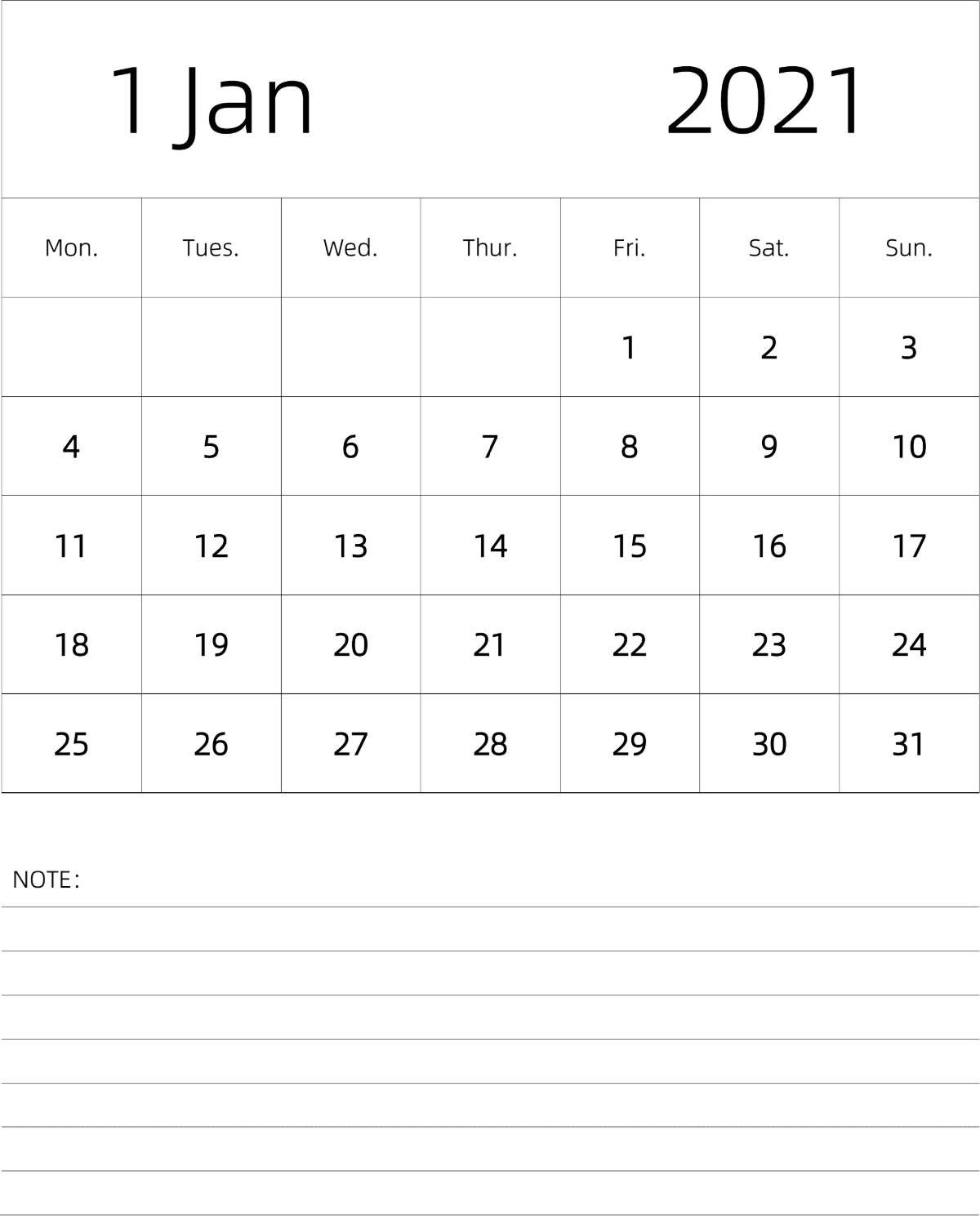 模板[DF101] 日历表 2021年 月历 英文版 纵向排版 周一开始 带节假日调休安排