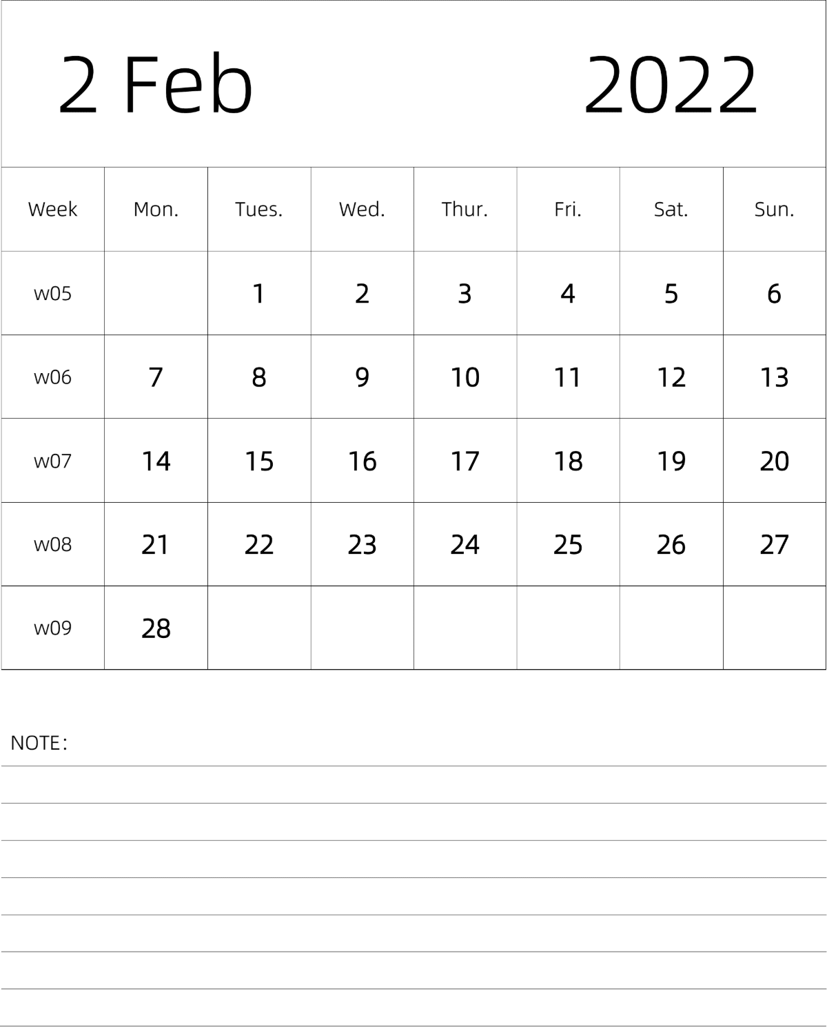 模板[DF101] 日历表 2022年 月历 英文版 纵向排版 周一开始 带周数 带节假日调休安排