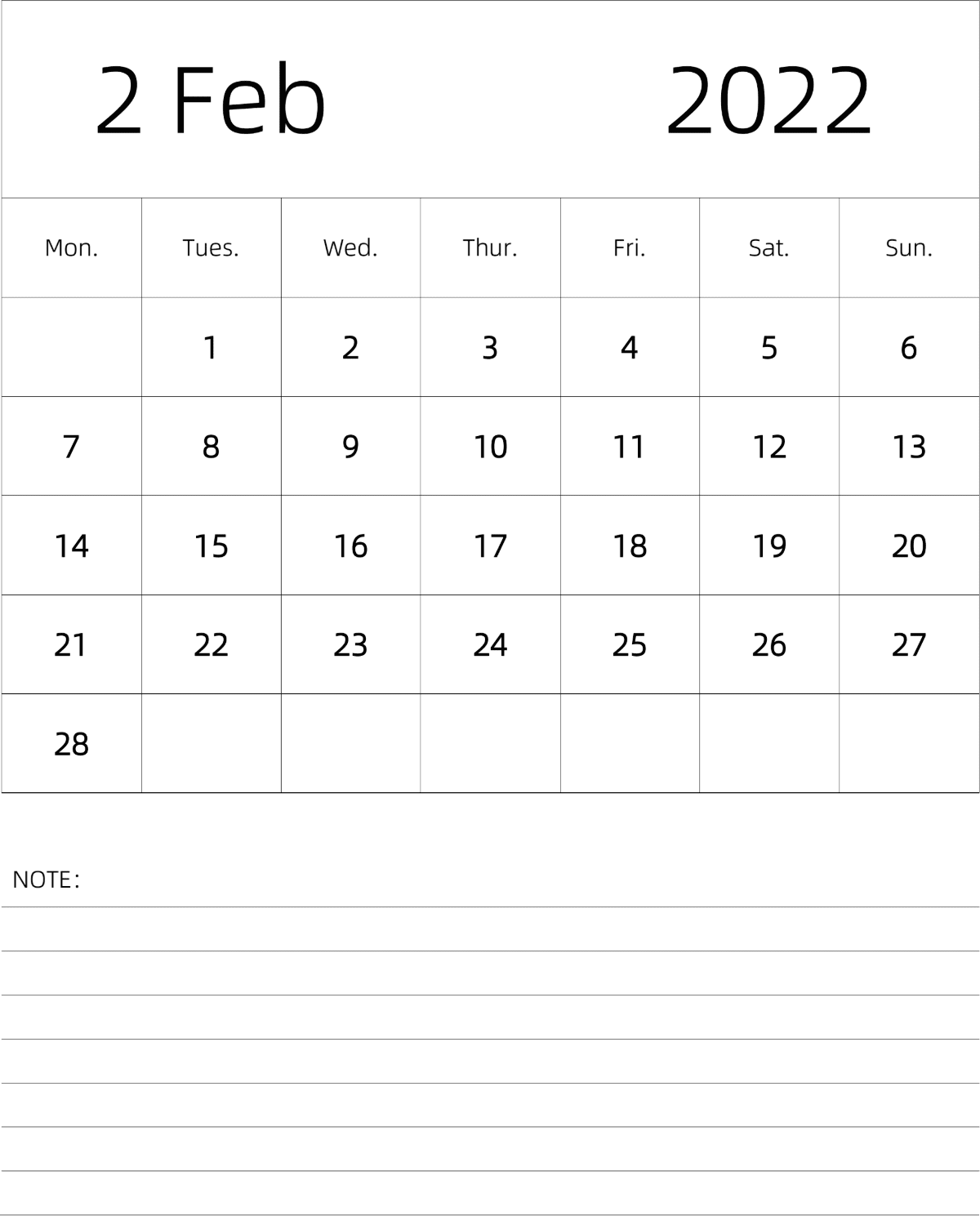 模板[DF101] 日历表 2022年 月历 英文版 纵向排版 周一开始
