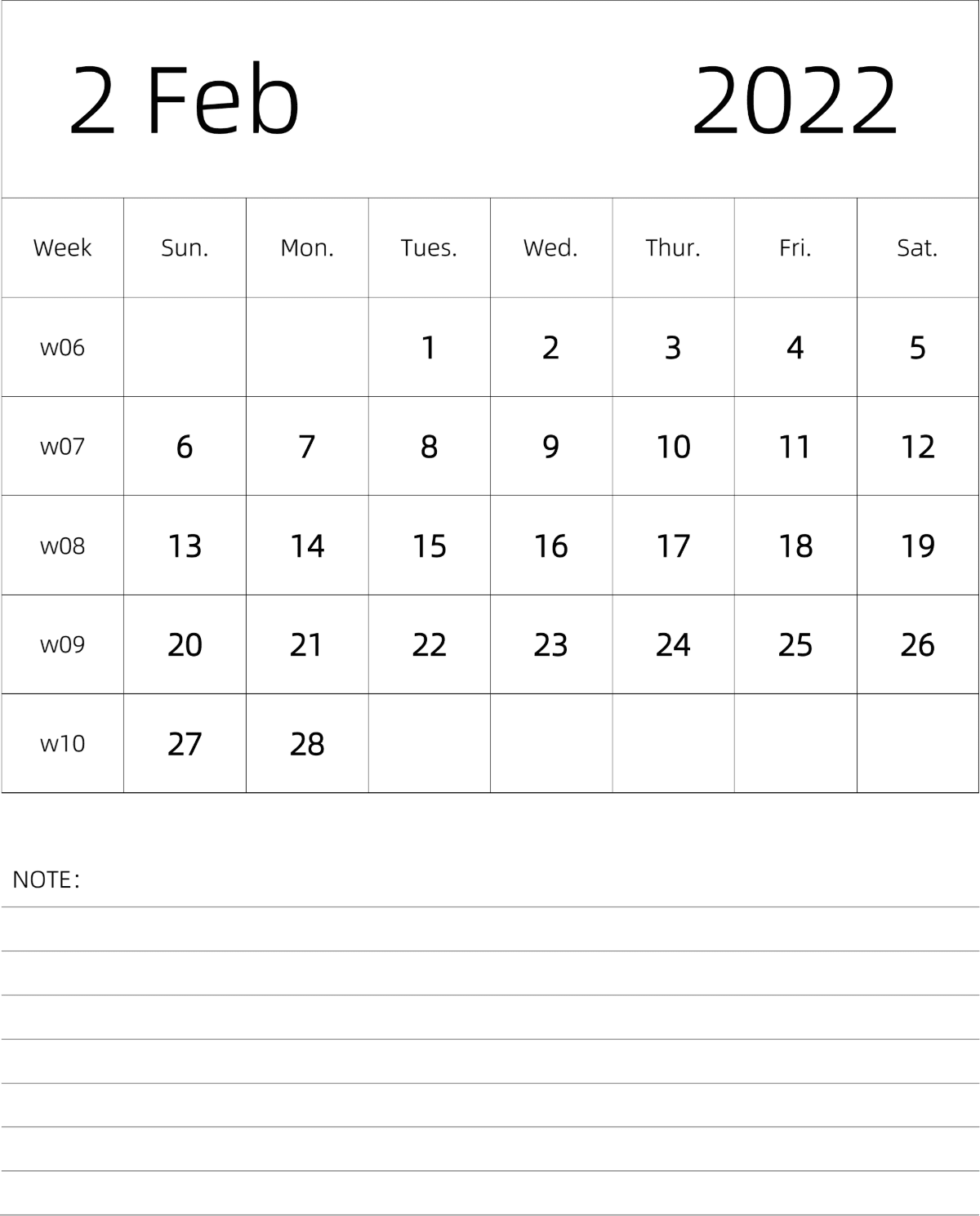 模板[DF101] 日历表 2022年 月历 英文版 纵向排版 周日开始 带周数 带节假日调休安排