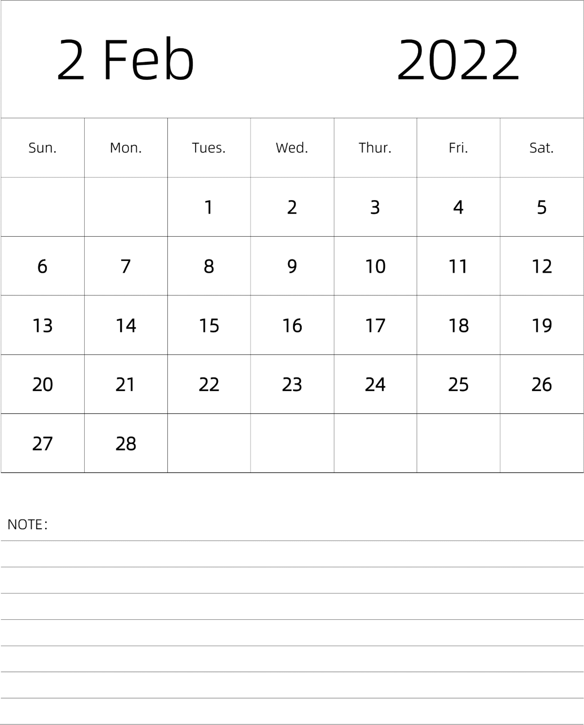 模板[DF101] 日历表 2022年 月历 英文版 纵向排版 周日开始