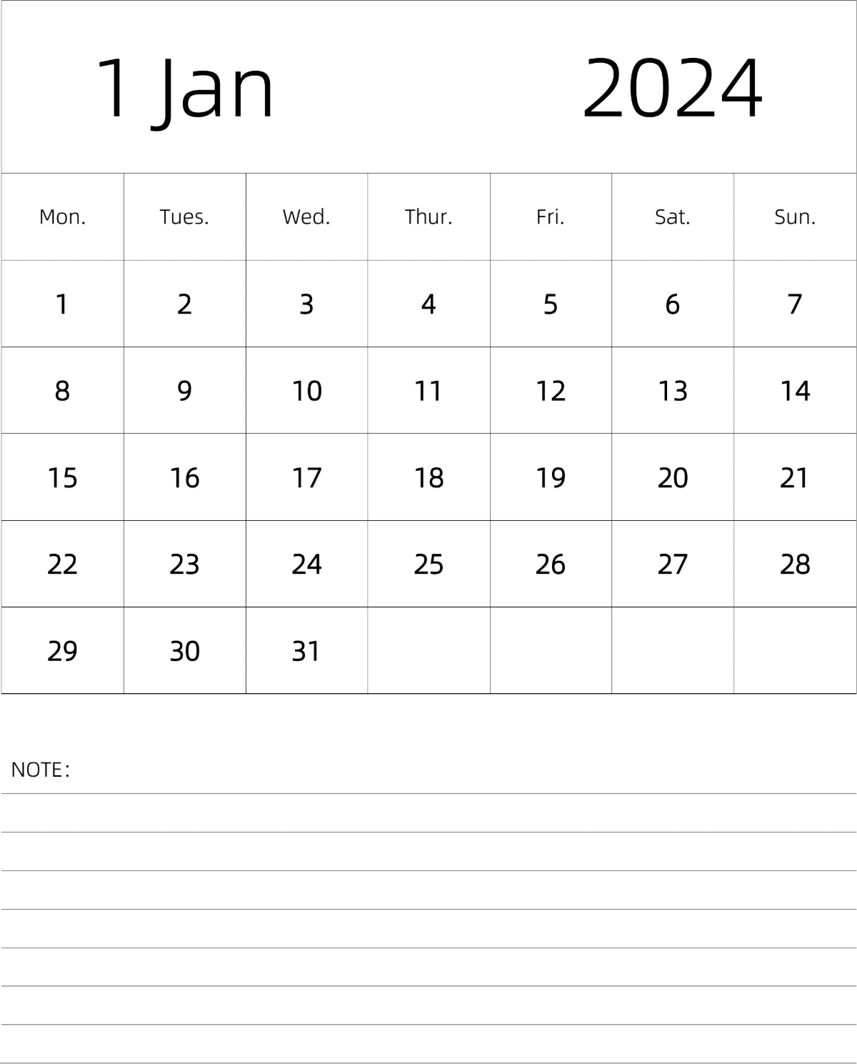 模板[DF101] 日历表 2024年 月历 英文版 纵向排版 周一开始 带节假日调休安排