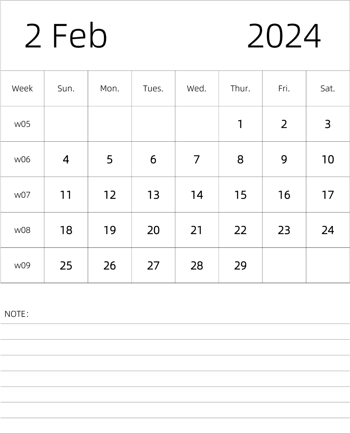 模板[DF101] 日历表 2024年 月历 英文版 纵向排版 周日开始 带周数 带节假日调休安排