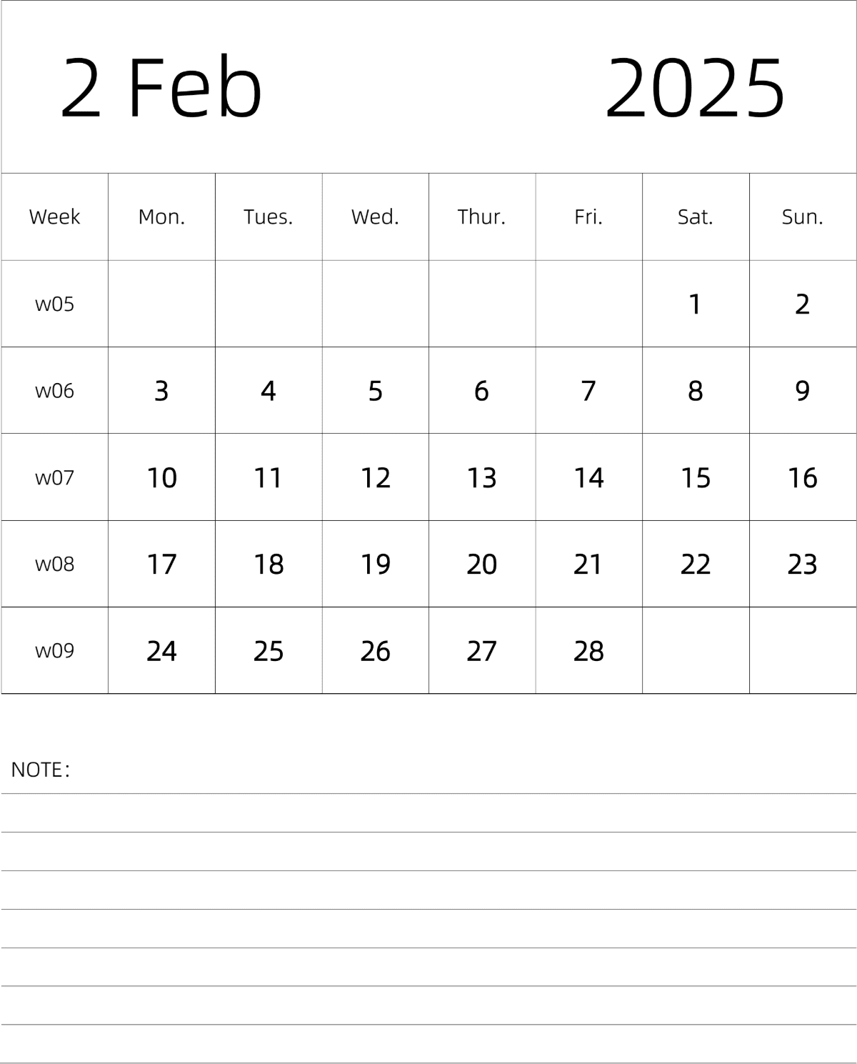 模板[DF101] 日历表 2025年 月历 英文版 纵向排版 周一开始 带周数 带节假日调休安排
