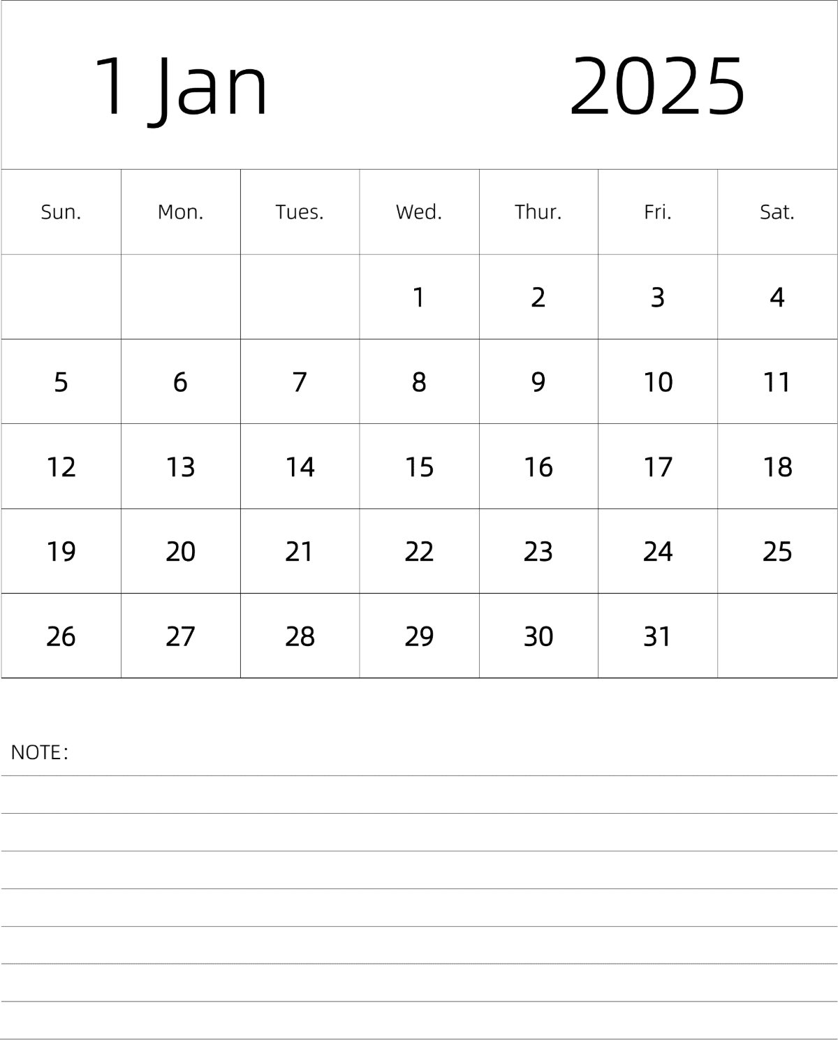 模板[DF101] 日历表 2025年 月历 英文版 纵向排版 周日开始 带节假日调休安排