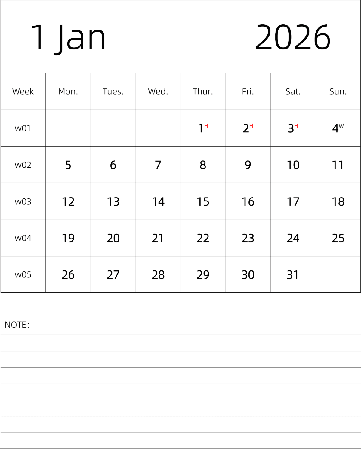 模板[DF101] 日历表 2026年 月历 英文版 纵向排版 周一开始 带周数 带节假日调休安排