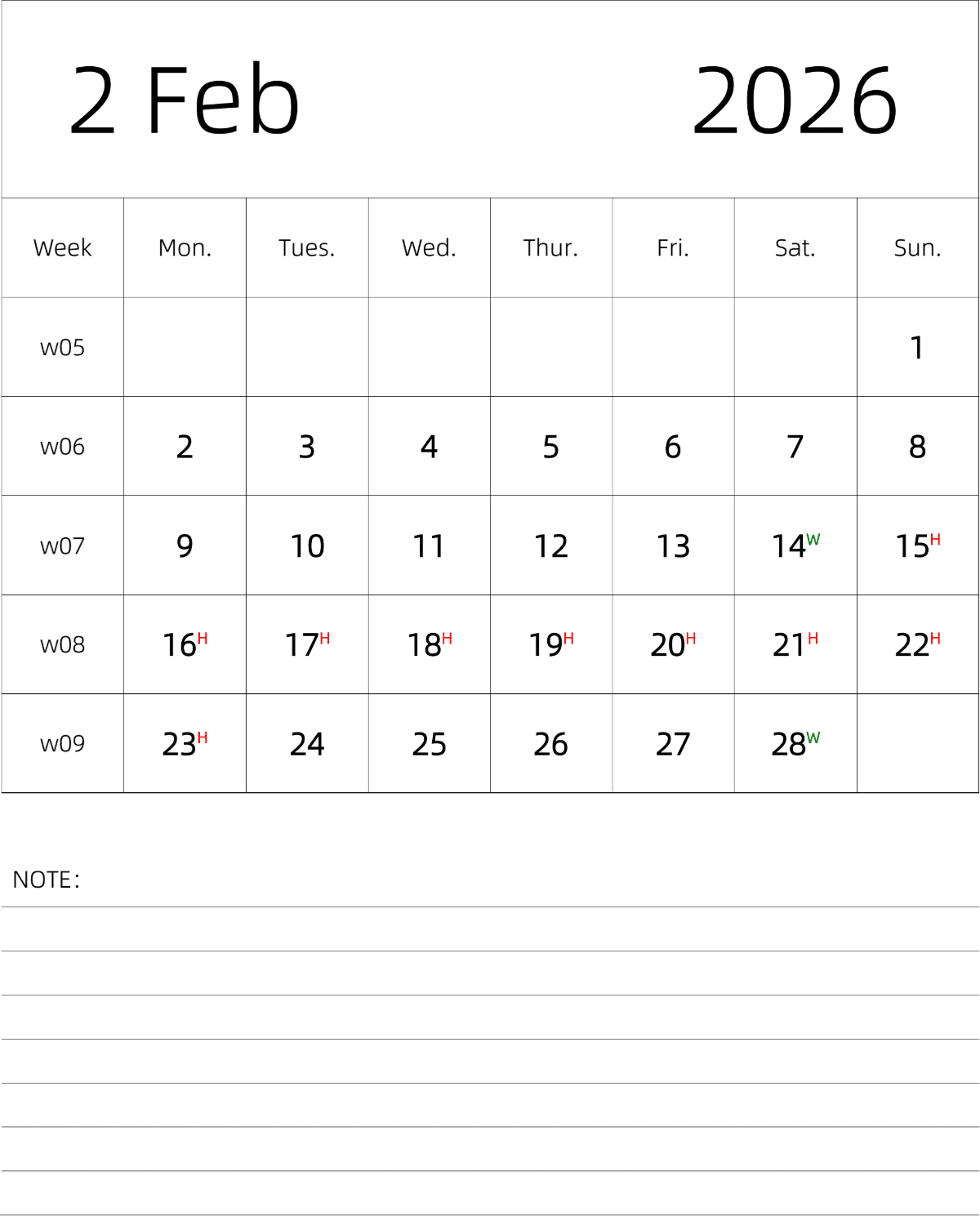 模板[DF101] 日历表 2026年 月历 英文版 纵向排版 周一开始 带周数 带节假日调休安排