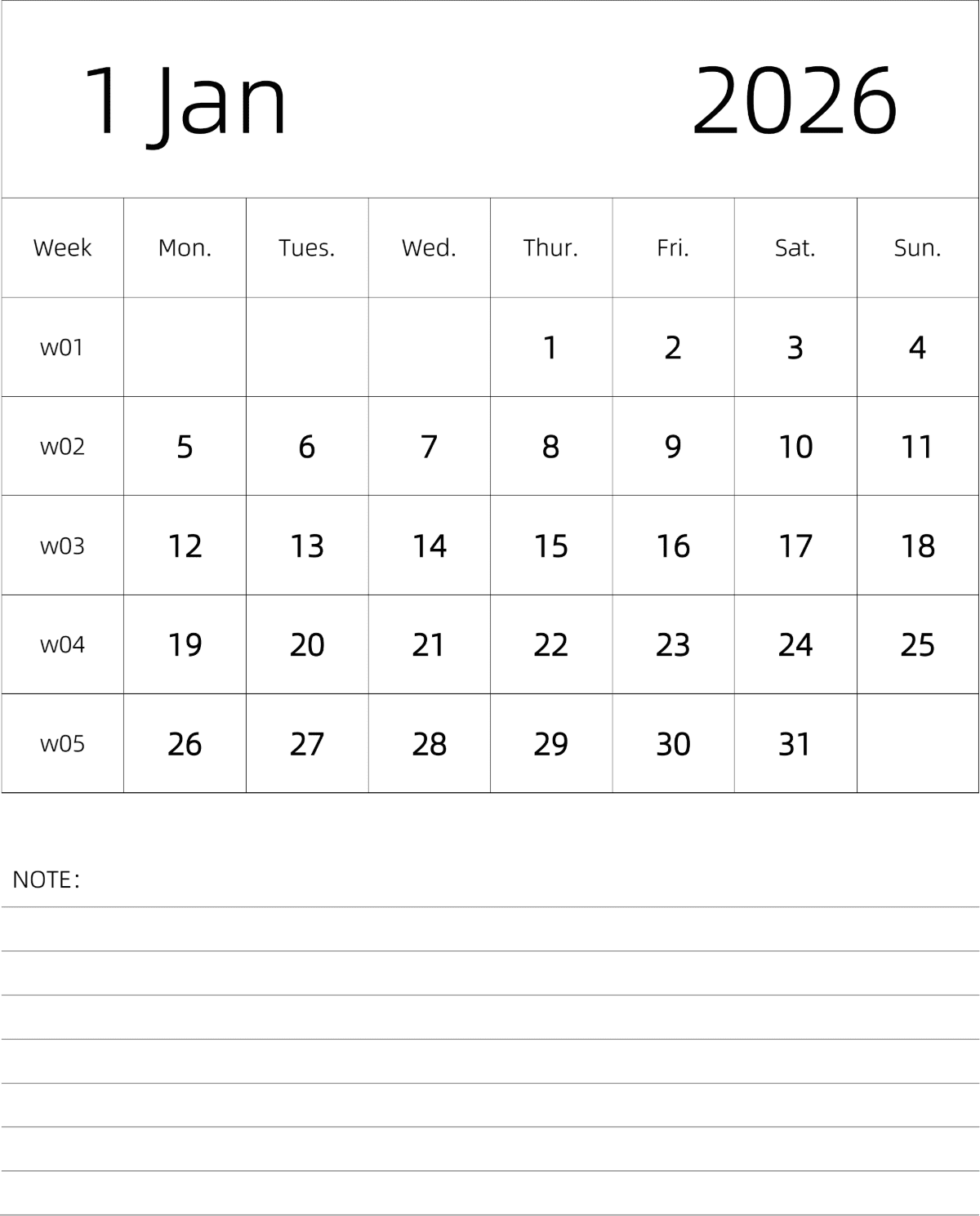 模板[DF101] 日历表 2026年 月历 英文版 纵向排版 周一开始 带周数