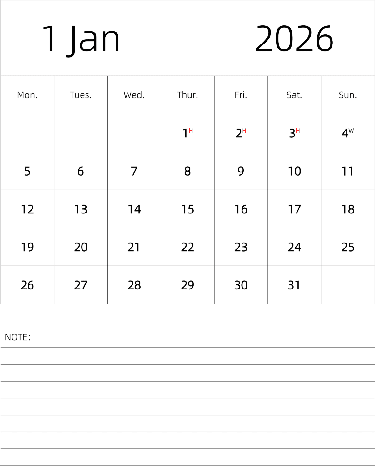 模板[DF101] 日历表 2026年 月历 英文版 纵向排版 周一开始 带节假日调休安排