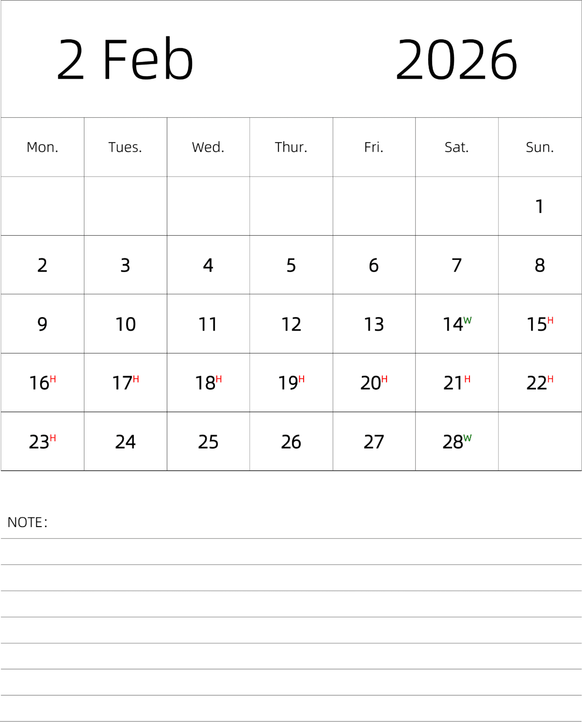 模板[DF101] 日历表 2026年 月历 英文版 纵向排版 周一开始 带节假日调休安排
