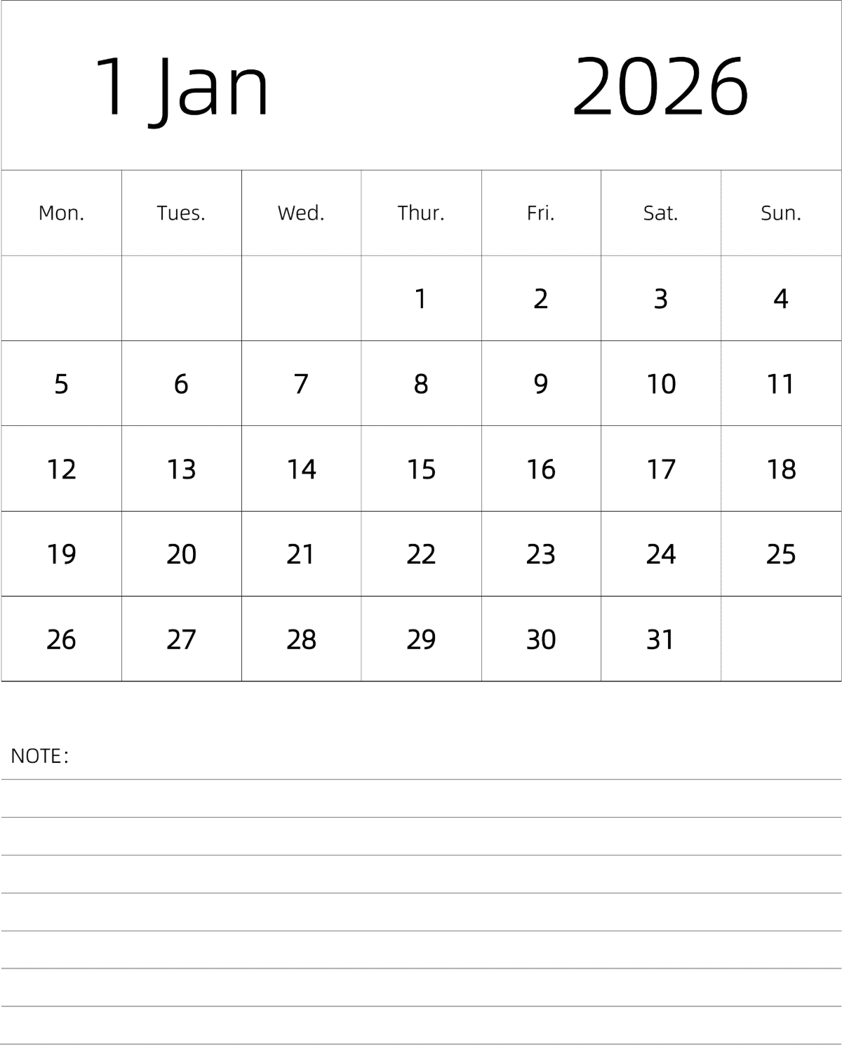 模板[DF101] 日历表 2026年 月历 英文版 纵向排版 周一开始