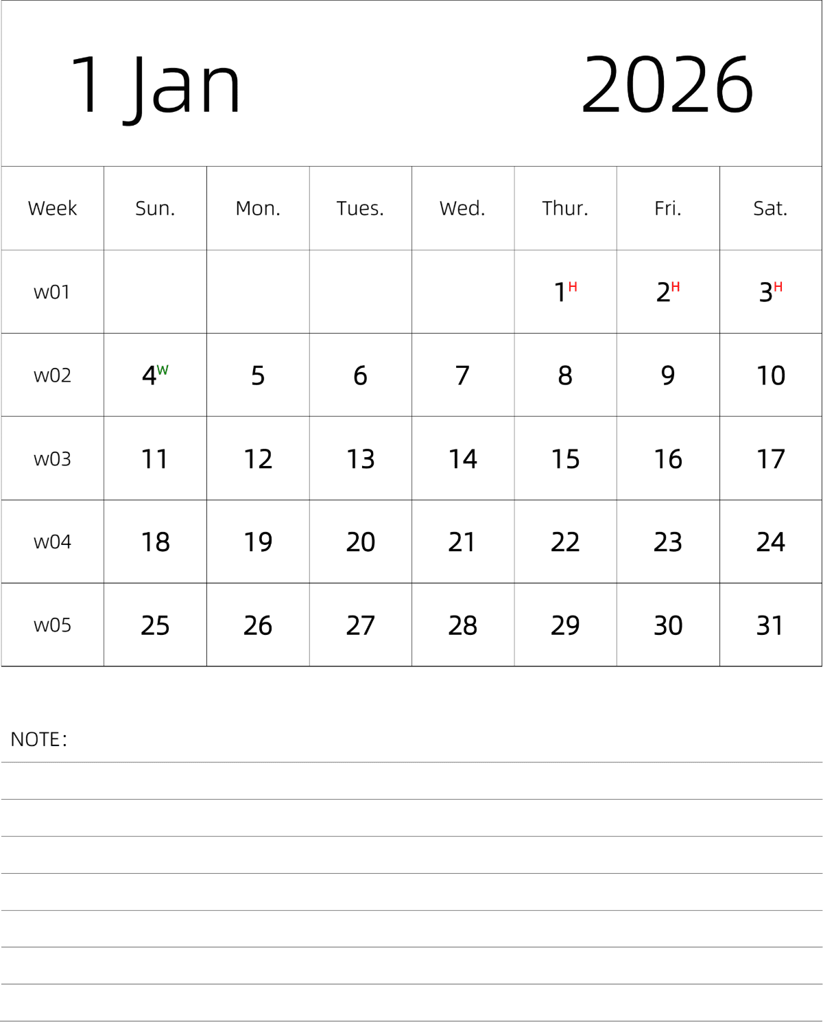 模板[DF101] 日历表 2026年 月历 英文版 纵向排版 周日开始 带周数 带节假日调休安排